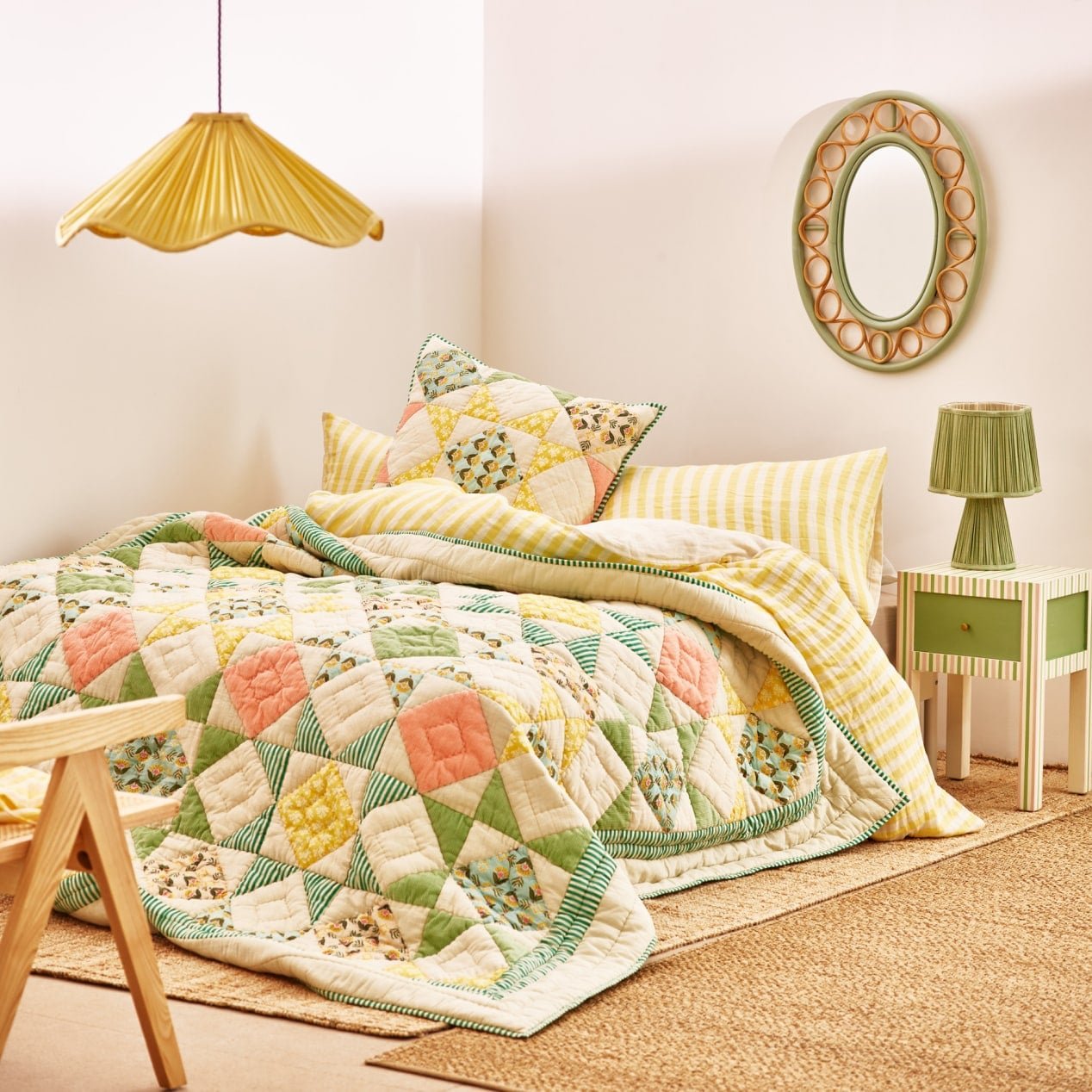 Reversible Green Velvet Frill Quilt | Oliver Bonas