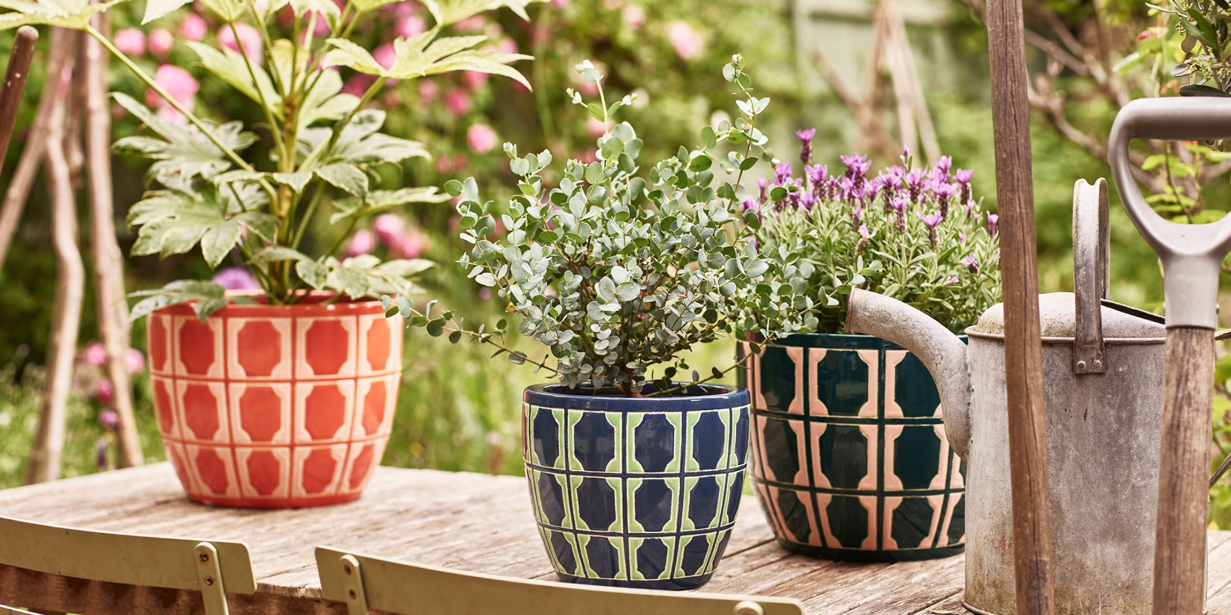 Three outdoor plant pots on a wooden table