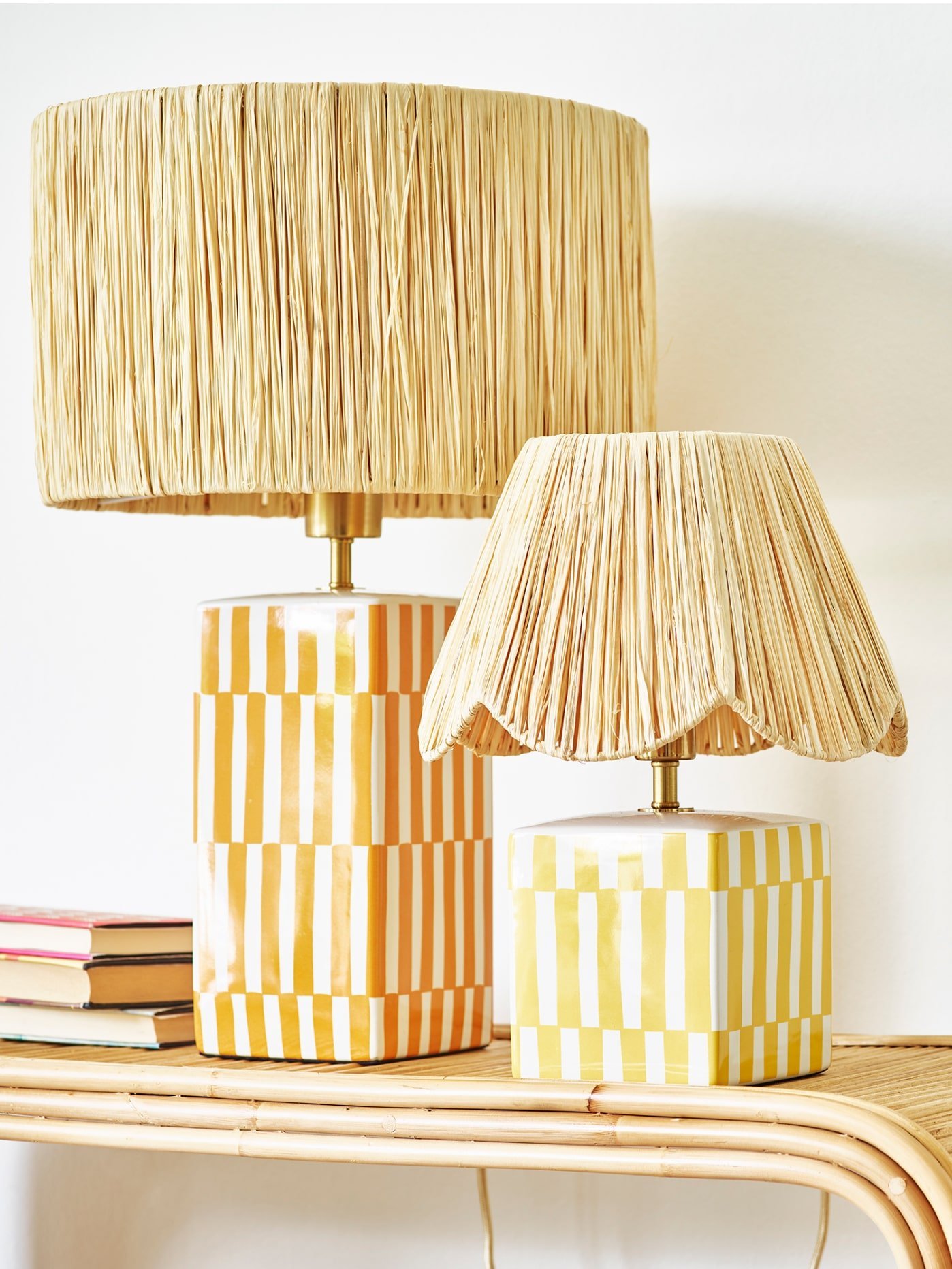 Two yellow table lamps on a shelf