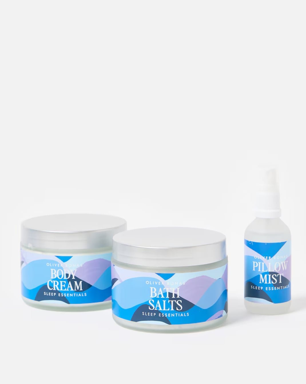Set of three sleep bathroom products with blue packaging