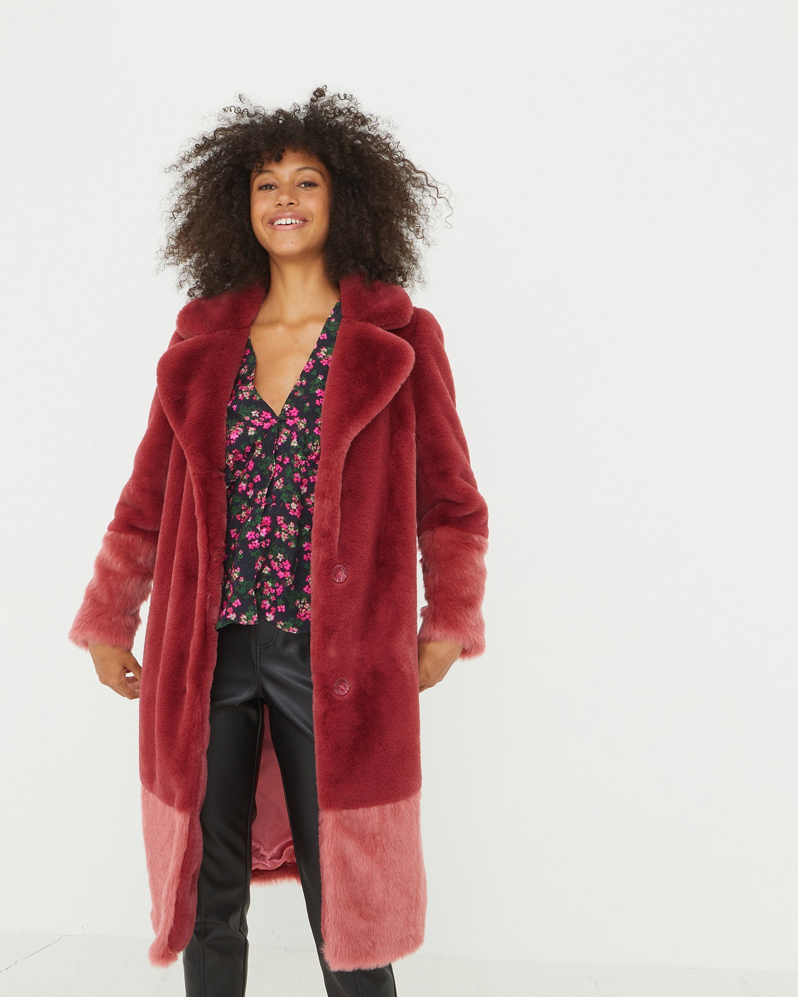 Colour Blocked Faux Fur Pink Coat Oliver Bonas