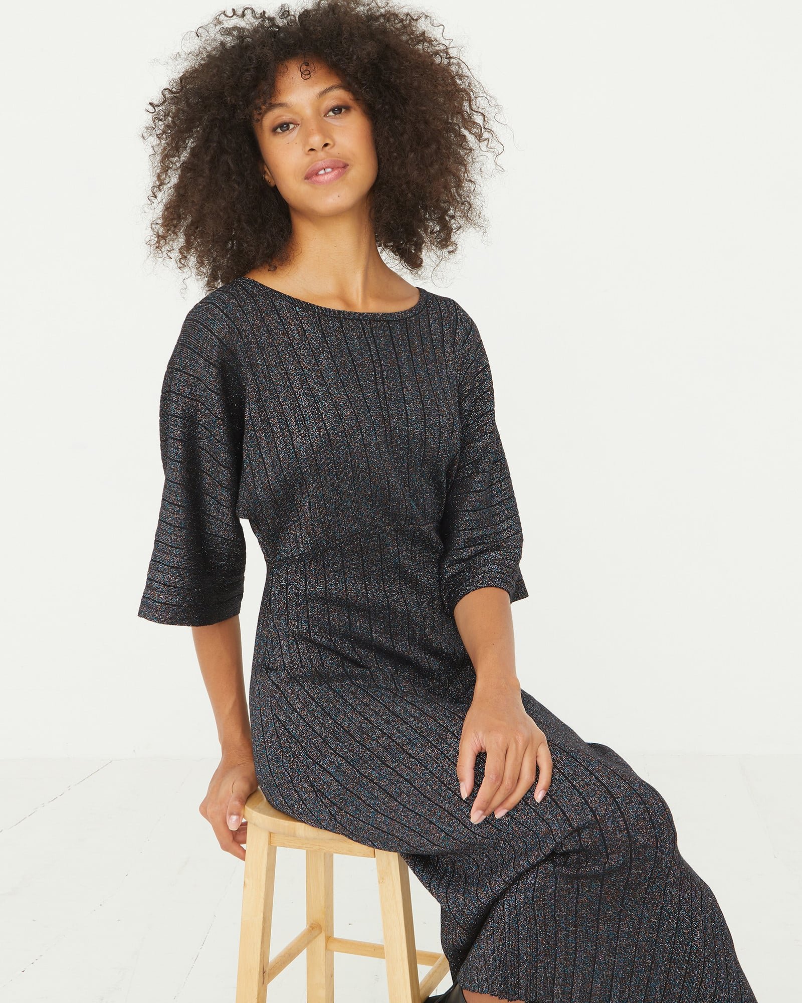 Rainbow Sparkle Black Knitted Midi Dress | Oliver Bonas