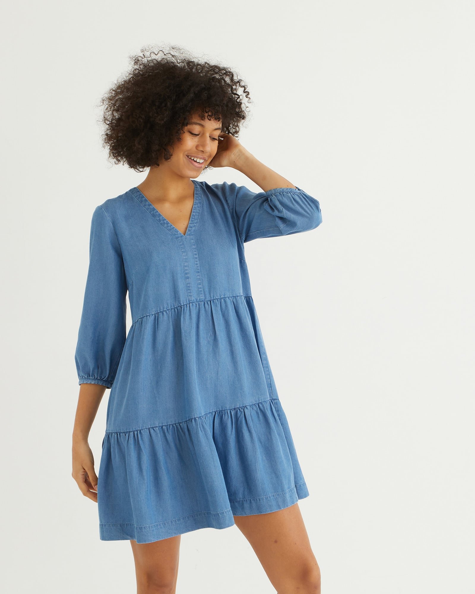 Denim Chambray Blue Tiered Mini Dress | Oliver Bonas Denim Chambray Blue Tiered Mini Dress | Oliver Bonas