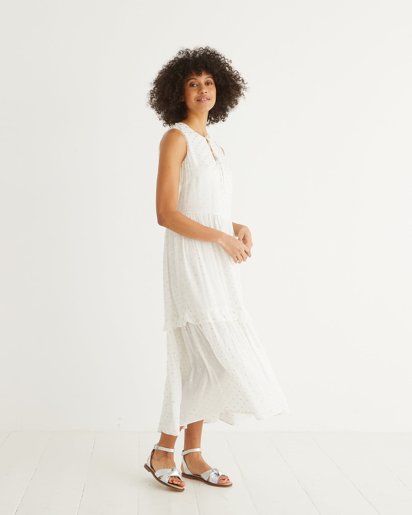 Dobby Silver Spot White Sleeveless Midi Dress | Oliver Bonas