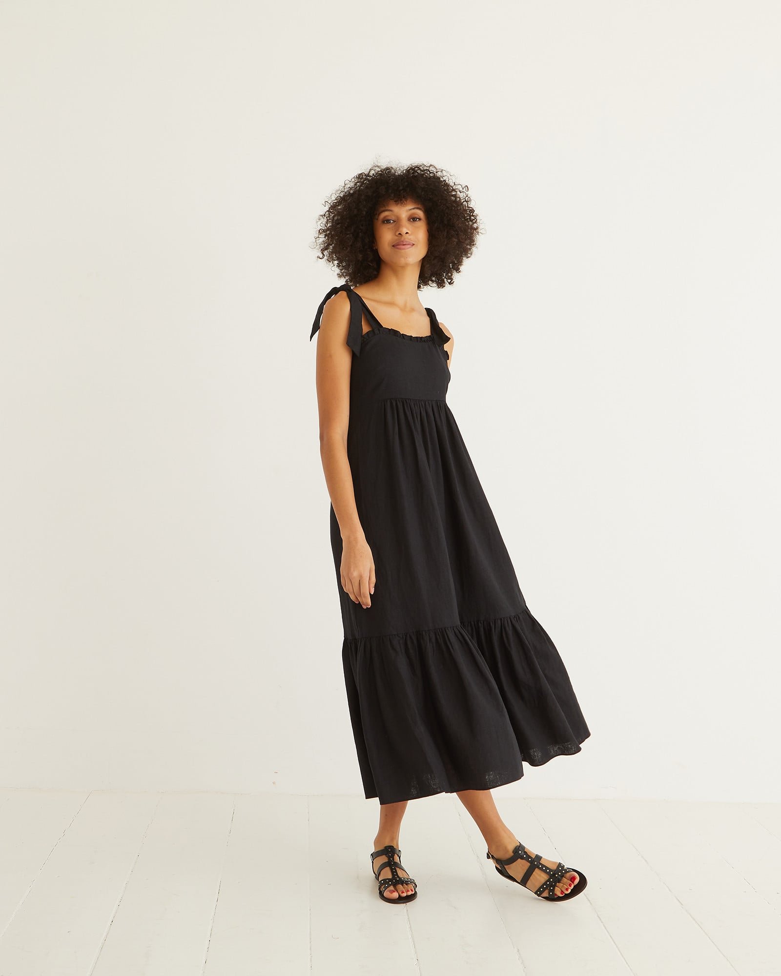 Tie Strap Black Tiered Maxi Dress