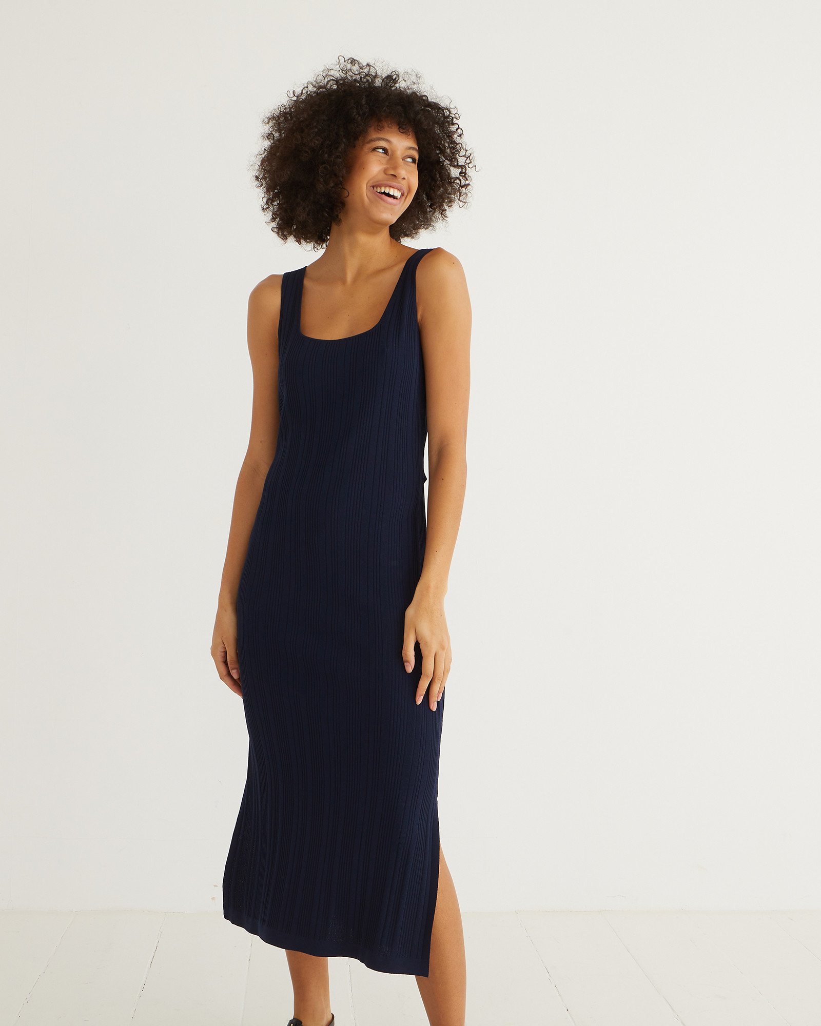 Square Neck Belted Navy Blue Knitted Dress | Oliver Bonas