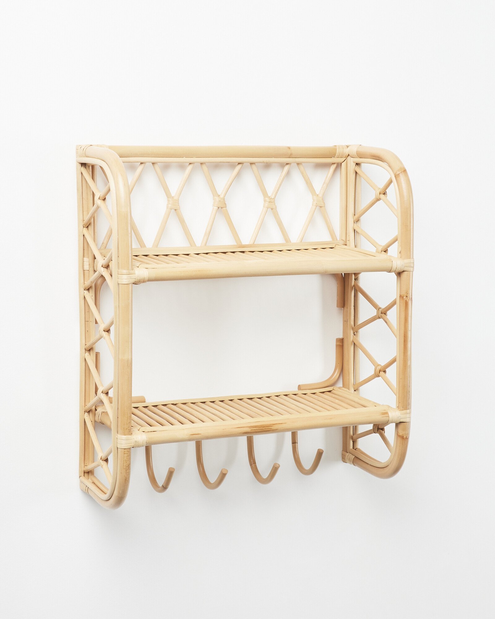 Bali Natural Rattan Wall Shelf with Hooks Oliver Bonas