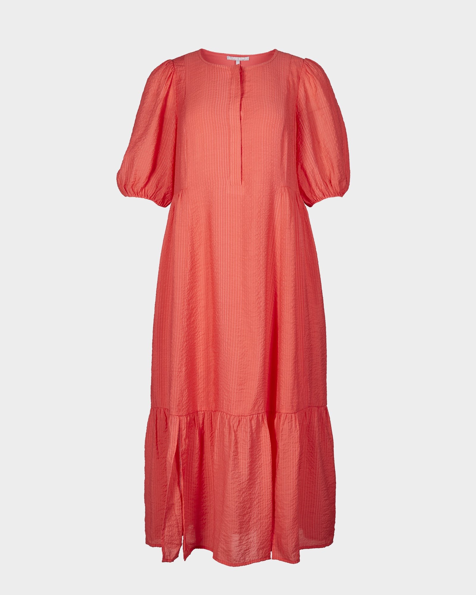 Textured Stripe Coral Pink Midi Dress | Oliver Bonas