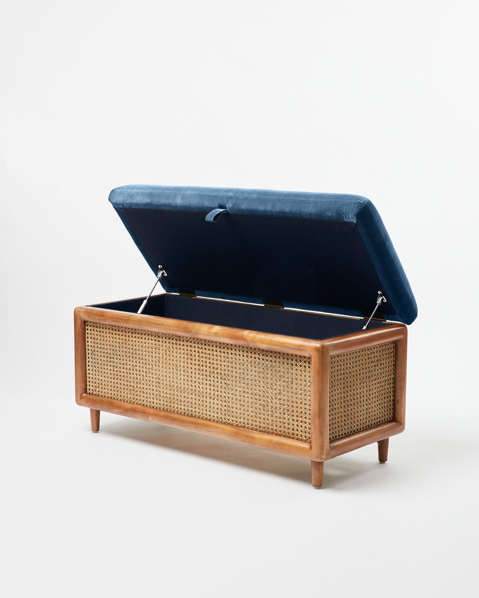 Loha Azure Blue Velvet & Rattan Ottoman | Oliver Bonas