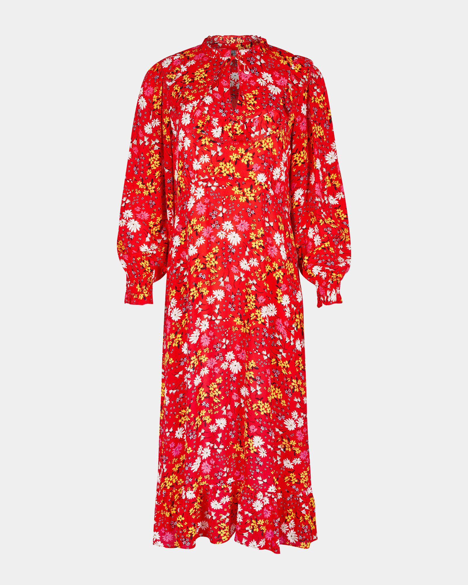 oliver bonas red dress Floral Print & Frilled Bib Trim Red Midi Dress