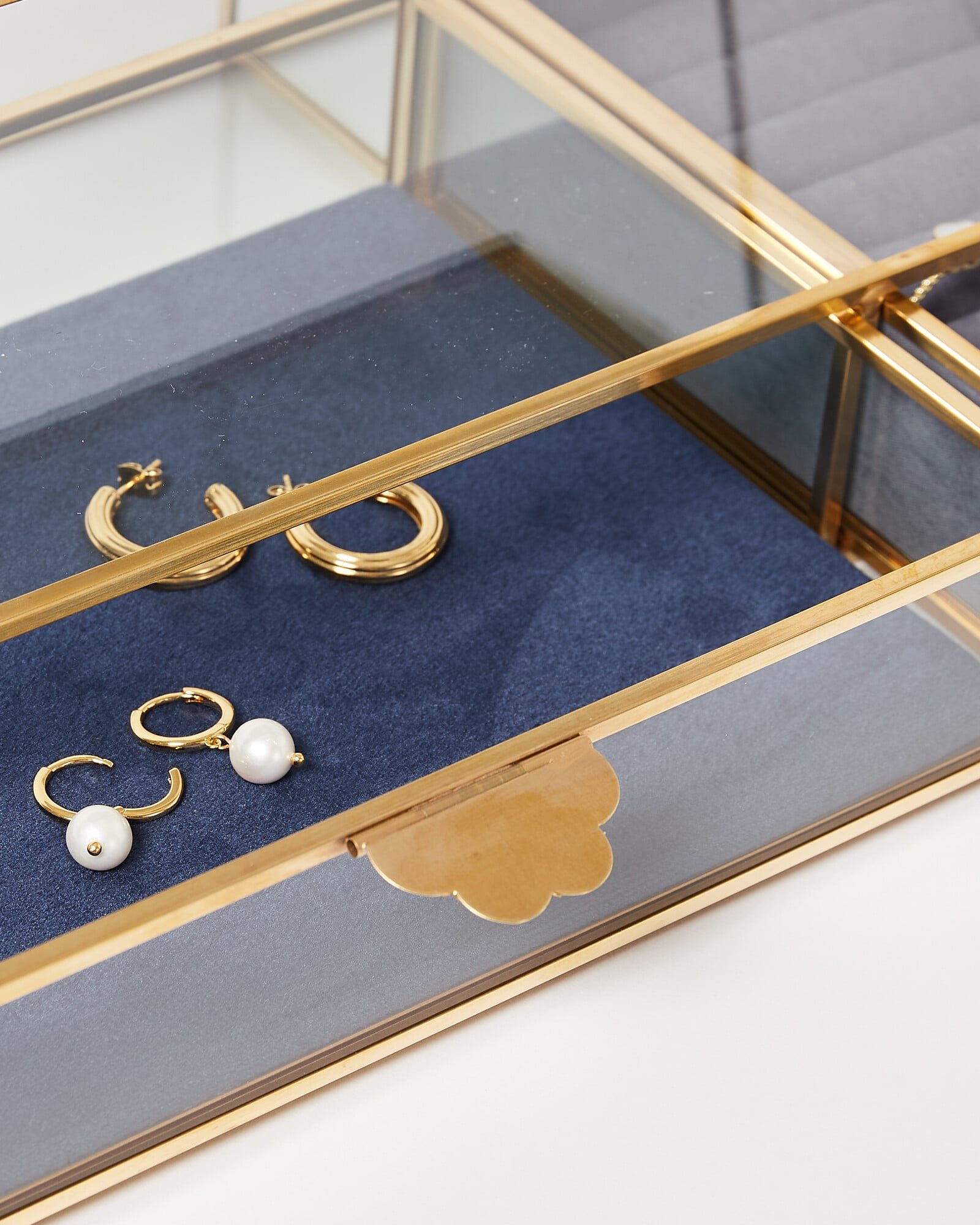 Gold & Glass Scallop Pull Blue Velvet Octagonal Dressing Table Mirror |  Oliver Bonas