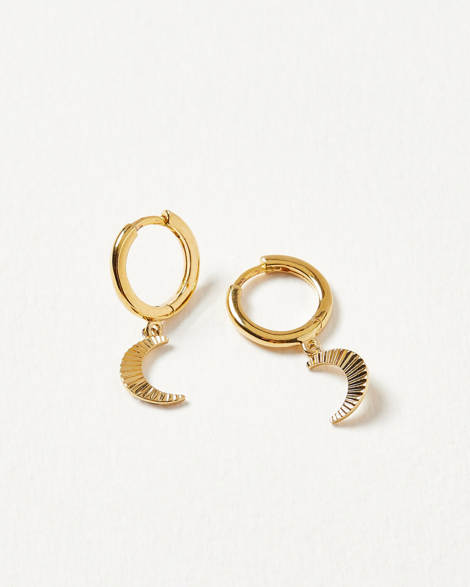 Luna Engraved Crescent Moon Gold Plated Drop Huggie Earrings