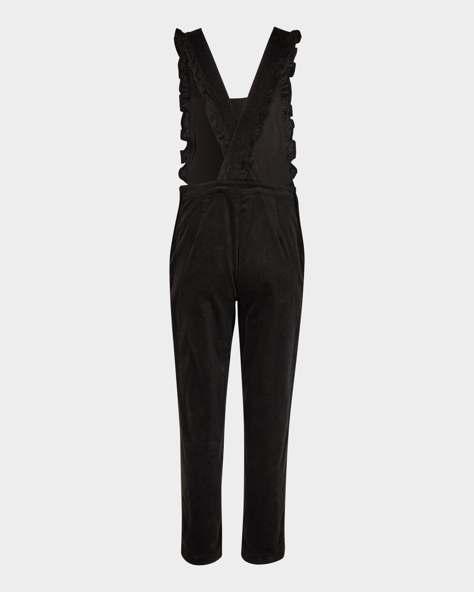 Corduroy Frilled Strap Black Dungaree Jumpsuit | Oliver Bonas
