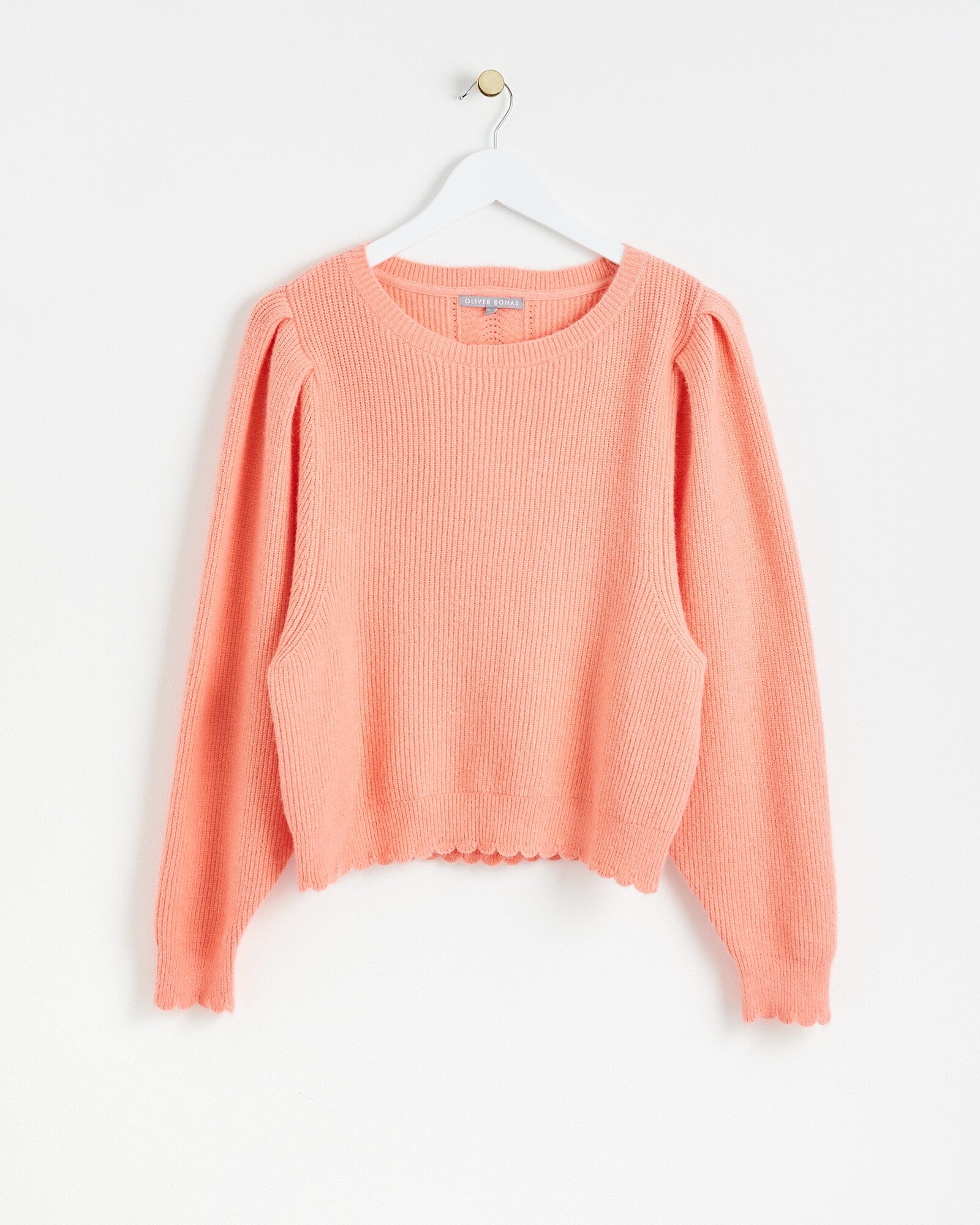 Scallop Detail Coral Knitted Jumper Oliver Bonas