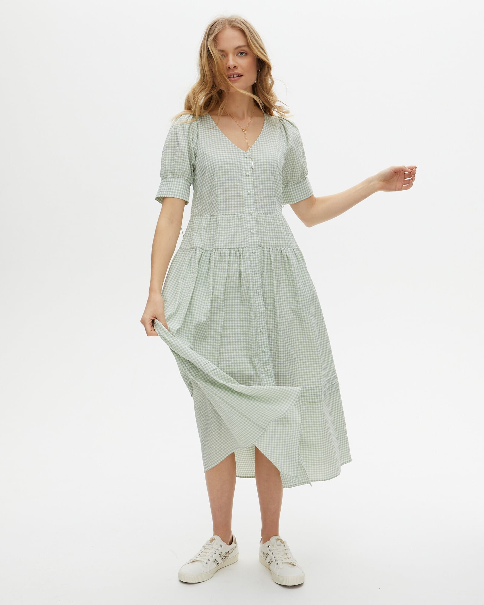 Gingham Print Green Midi Dress | Oliver Bonas