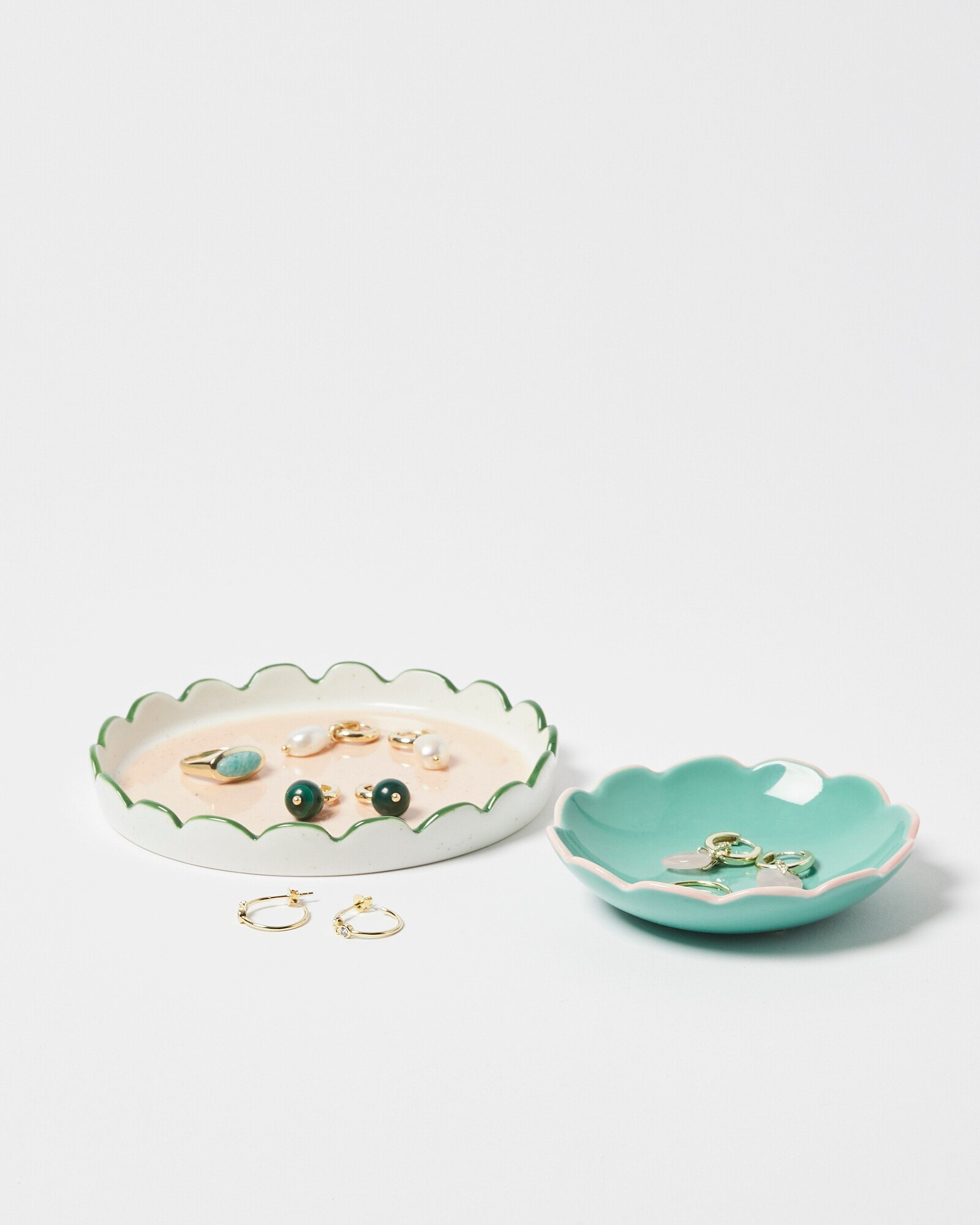 Scalloped Green White Ceramic Trinket Dish Set of Two Oliver Bonas