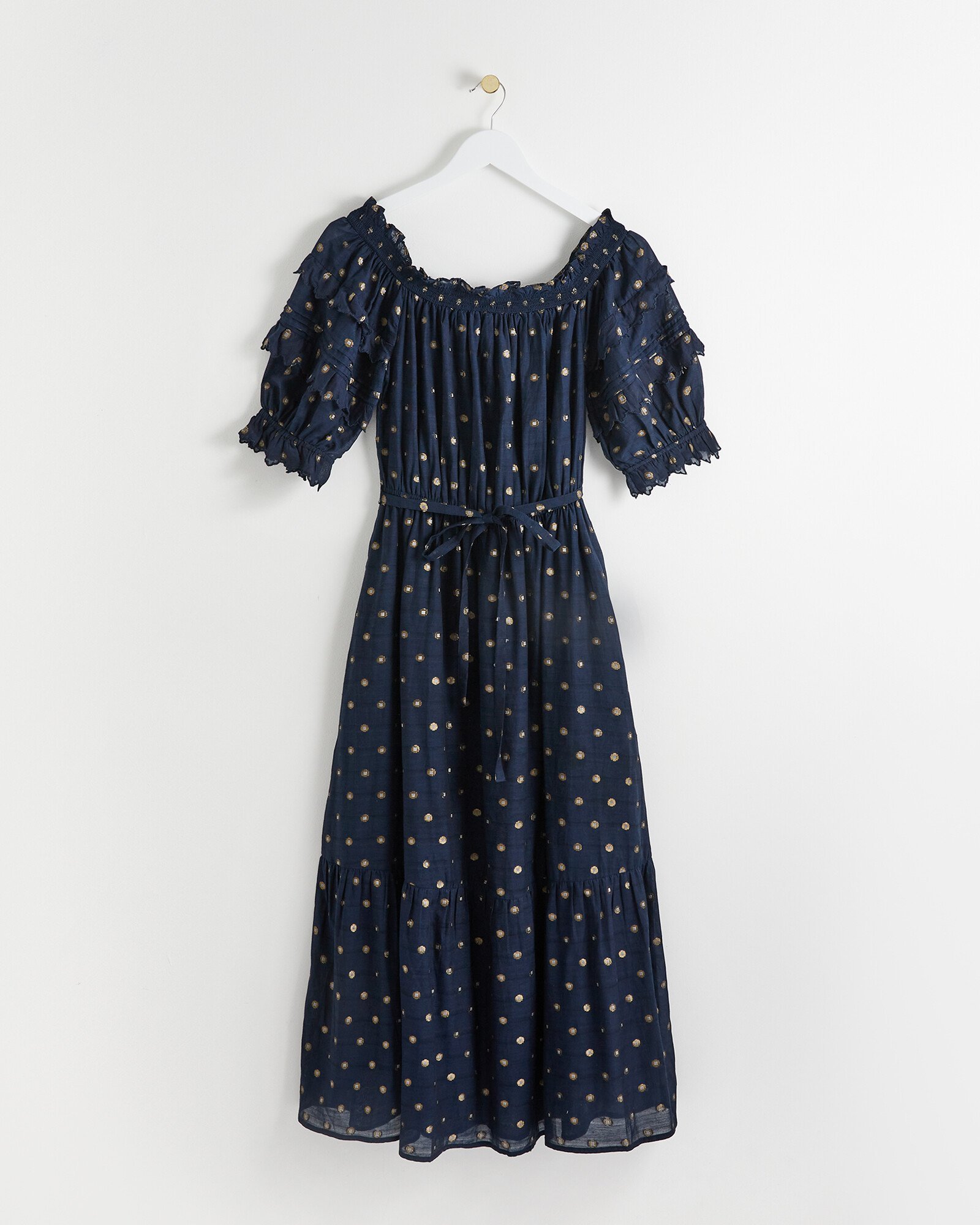 Metallic Spot Navy Blue Bardot Midi Dress Oliver Bonas