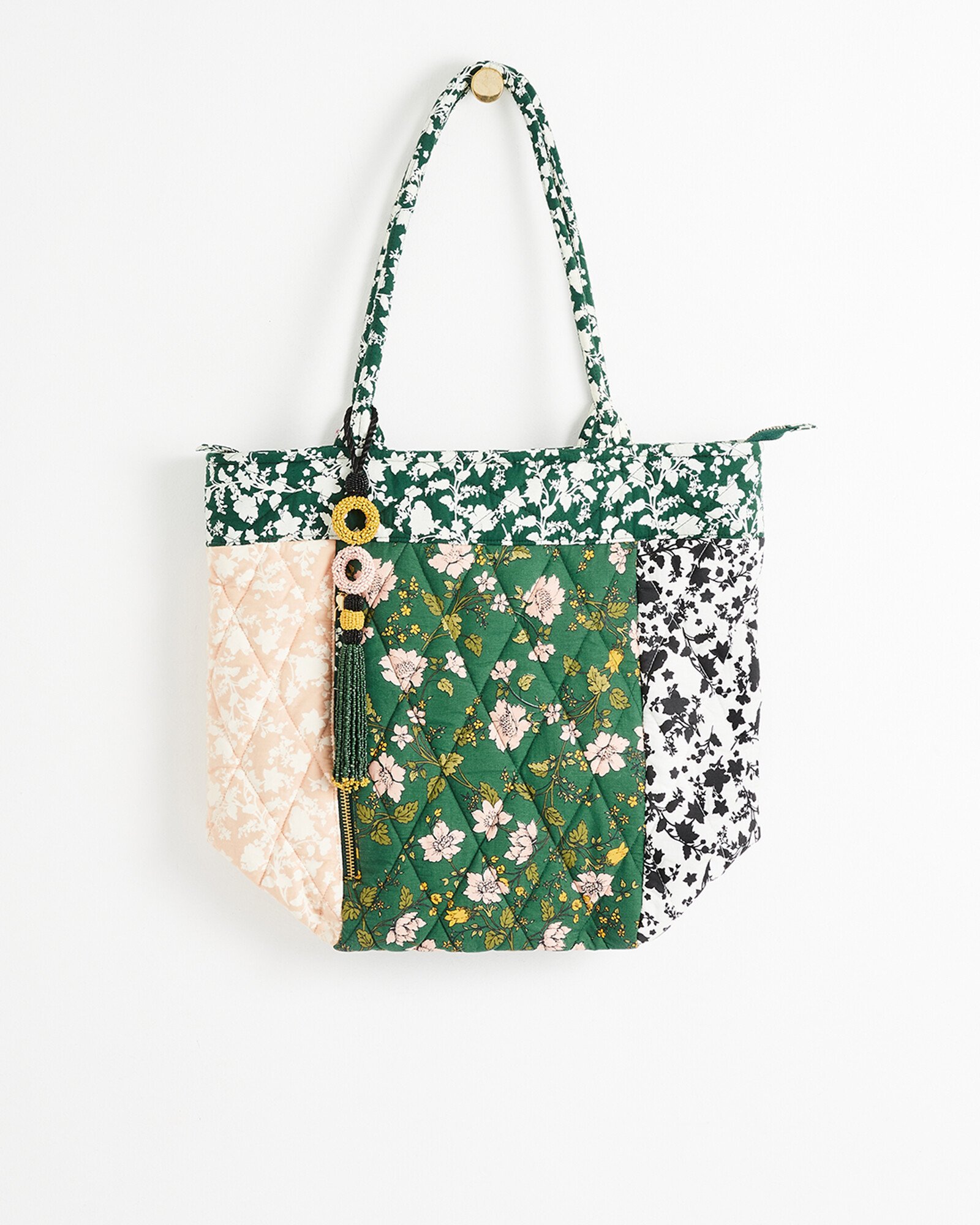 Patchwork Floral Print Quilted Green Cotton Shopping Tote Bag