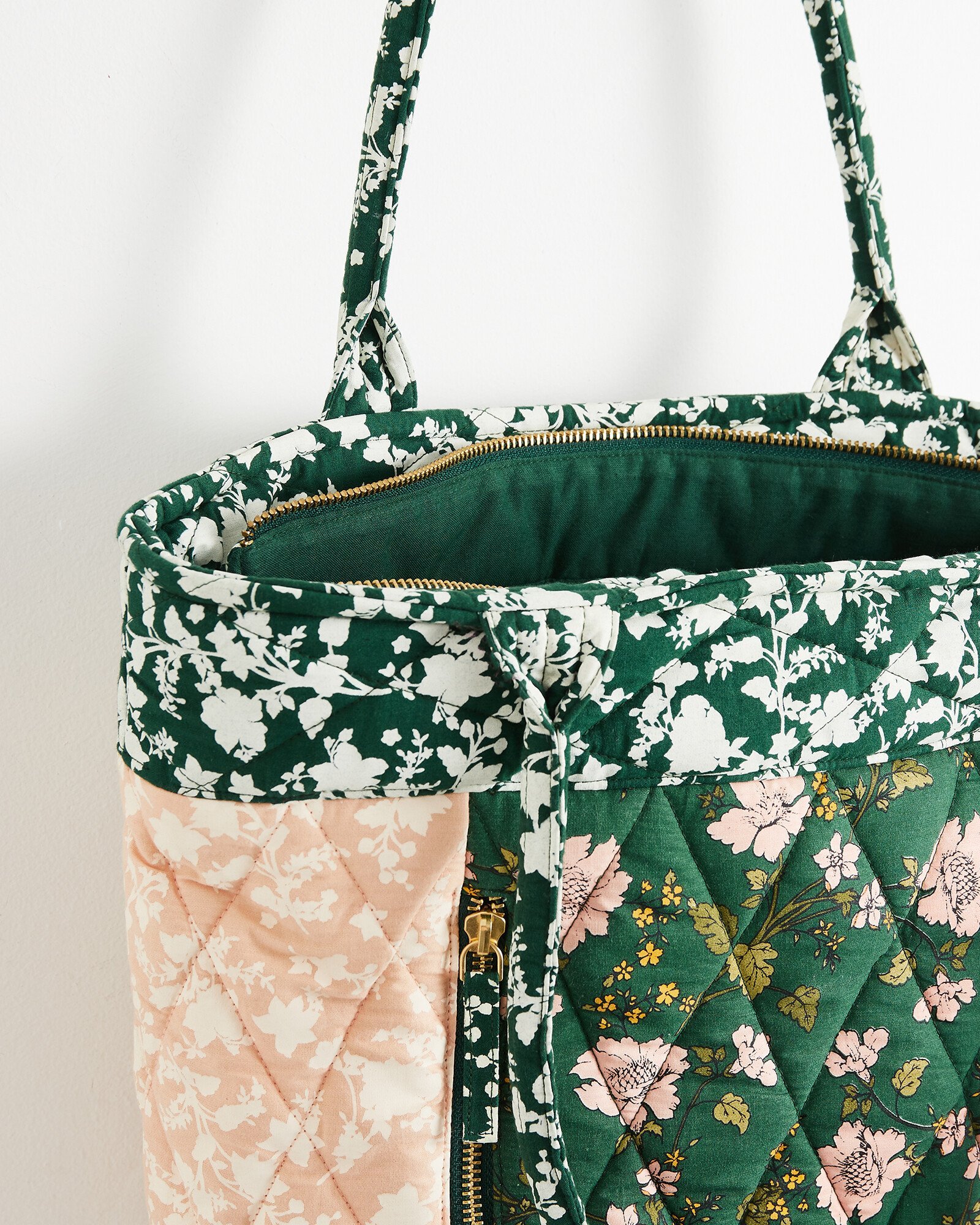 Patchwork Floral Print Quilted Green Cotton Shopping Tote Bag