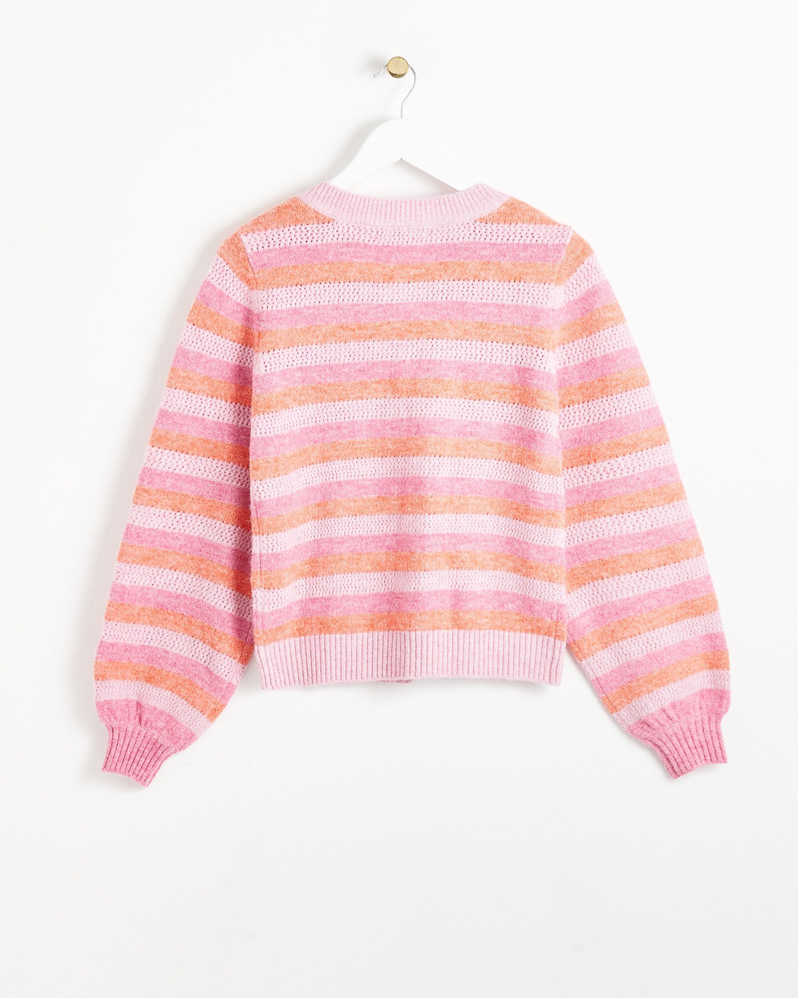 Stripe Crew Neck Pink Knitted Cardigan Oliver Bonas