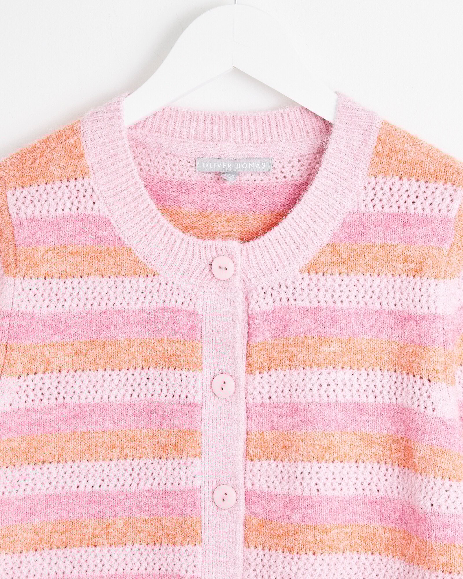 Stripe Crew Neck Pink Knitted Cardigan Oliver Bonas IE
