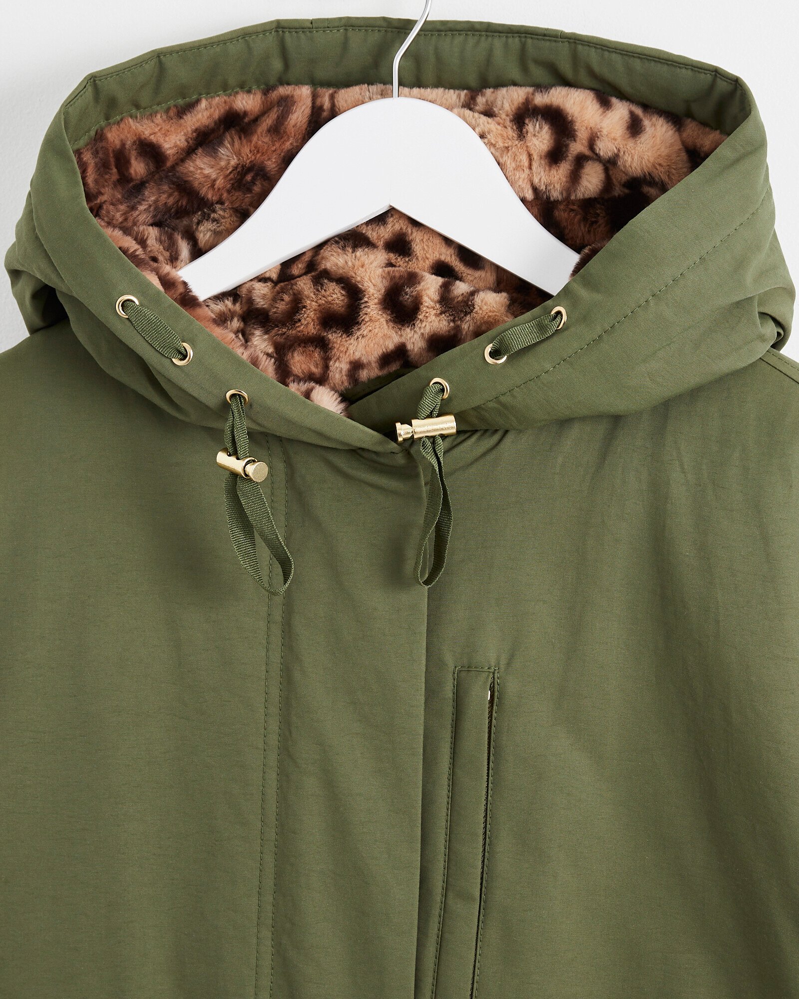 Animal Print Faux Fur Khaki Green Parka Coat Oliver Bonas