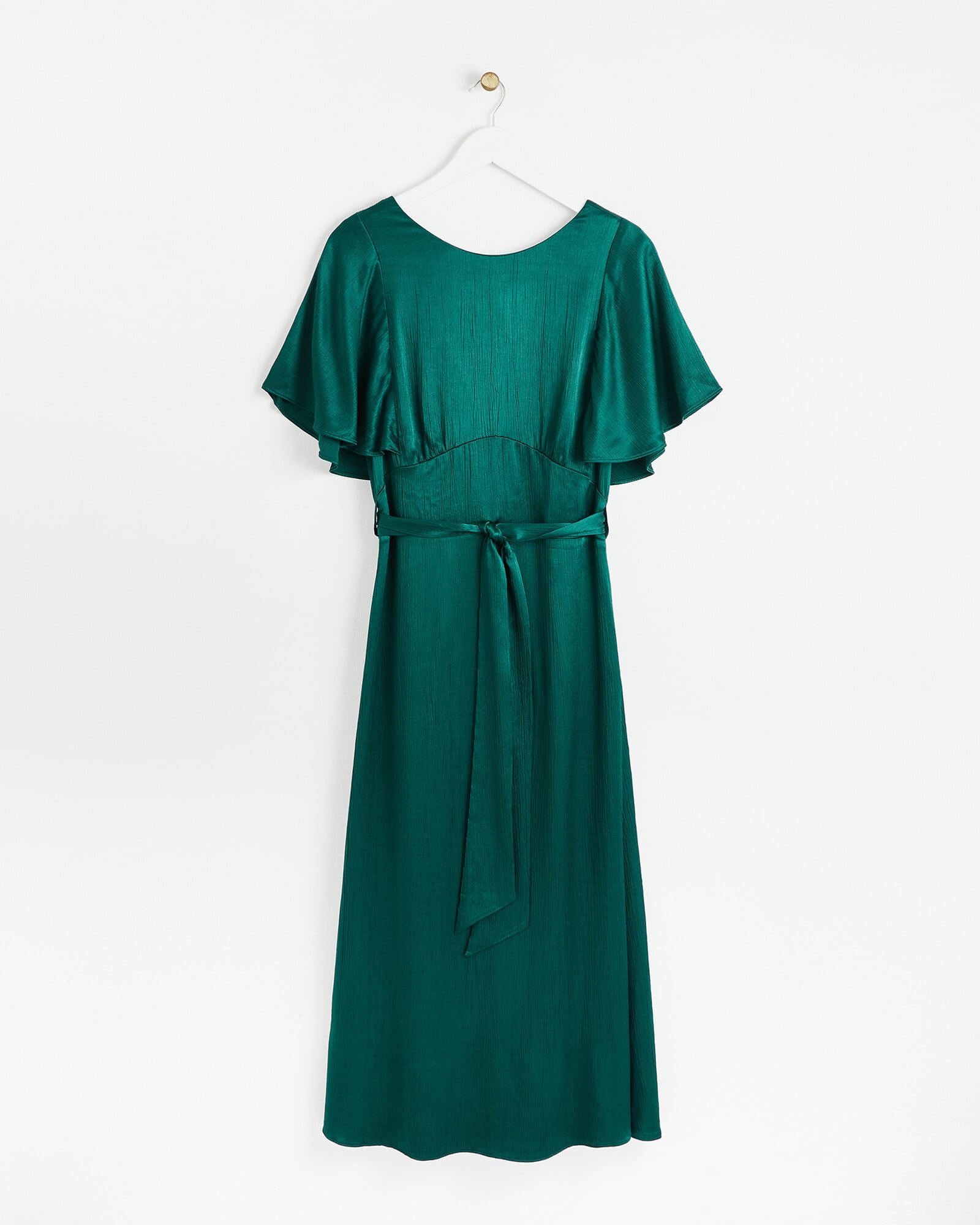 Crinkle Sleeve Dark Green Satin Midi Dress