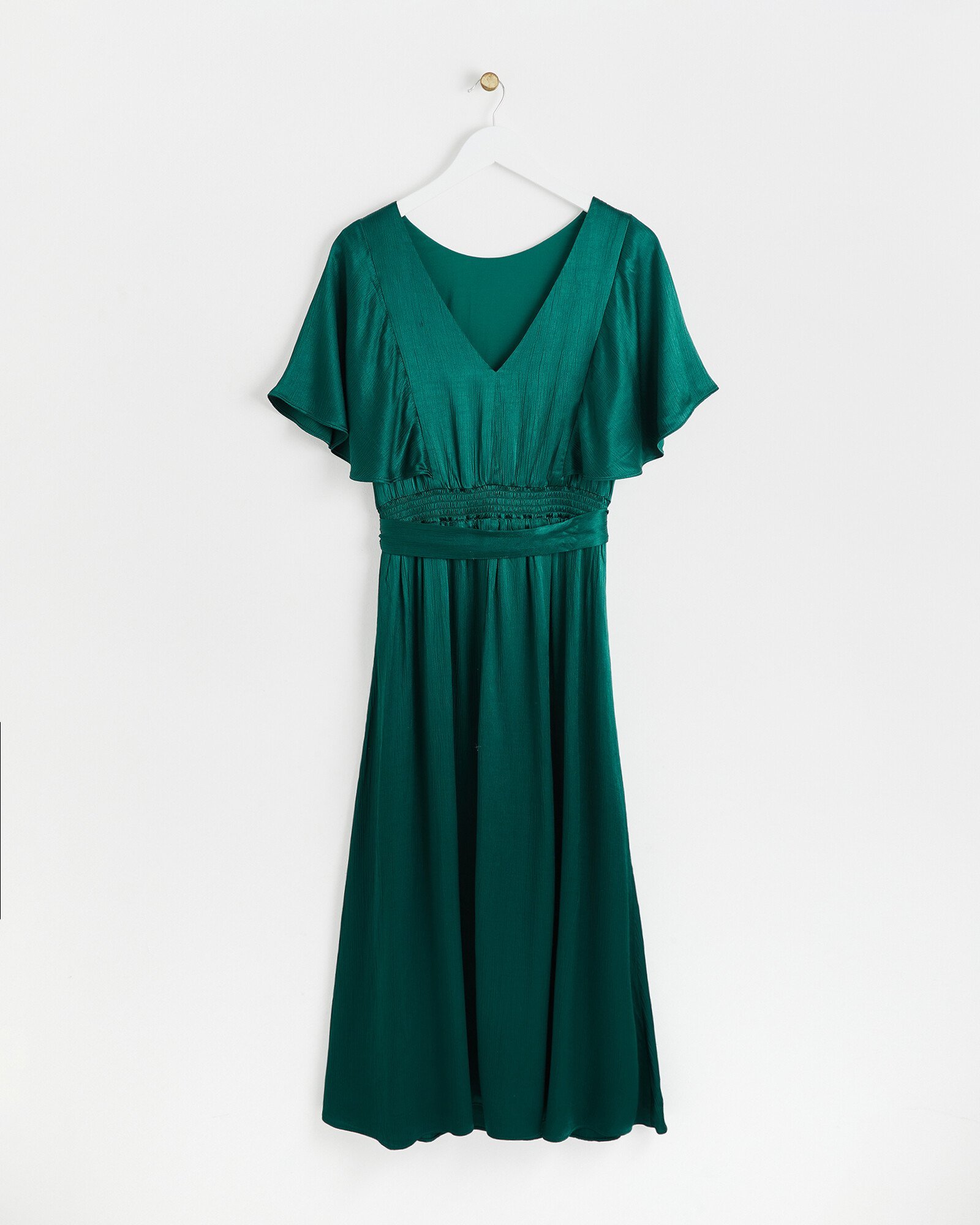 Crinkle Sleeve Dark Green Satin Midi Dress Oliver Bonas