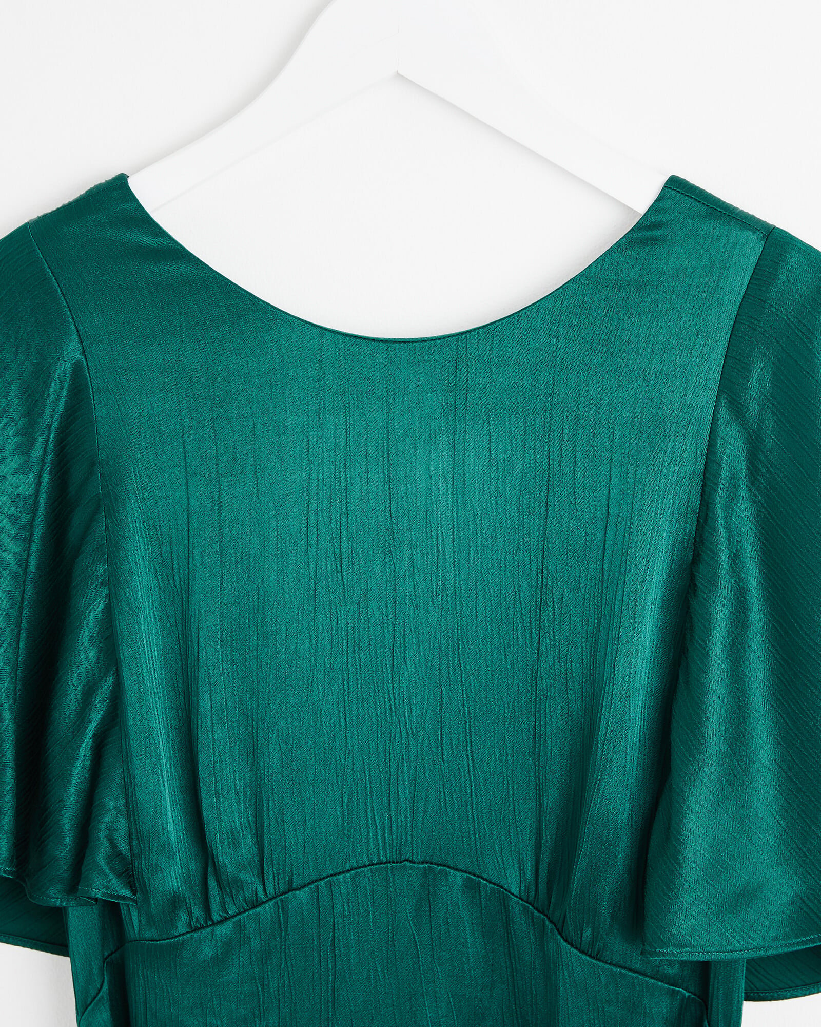 Crinkle Sleeve Dark Green Satin Midi Dress | Oliver Bonas