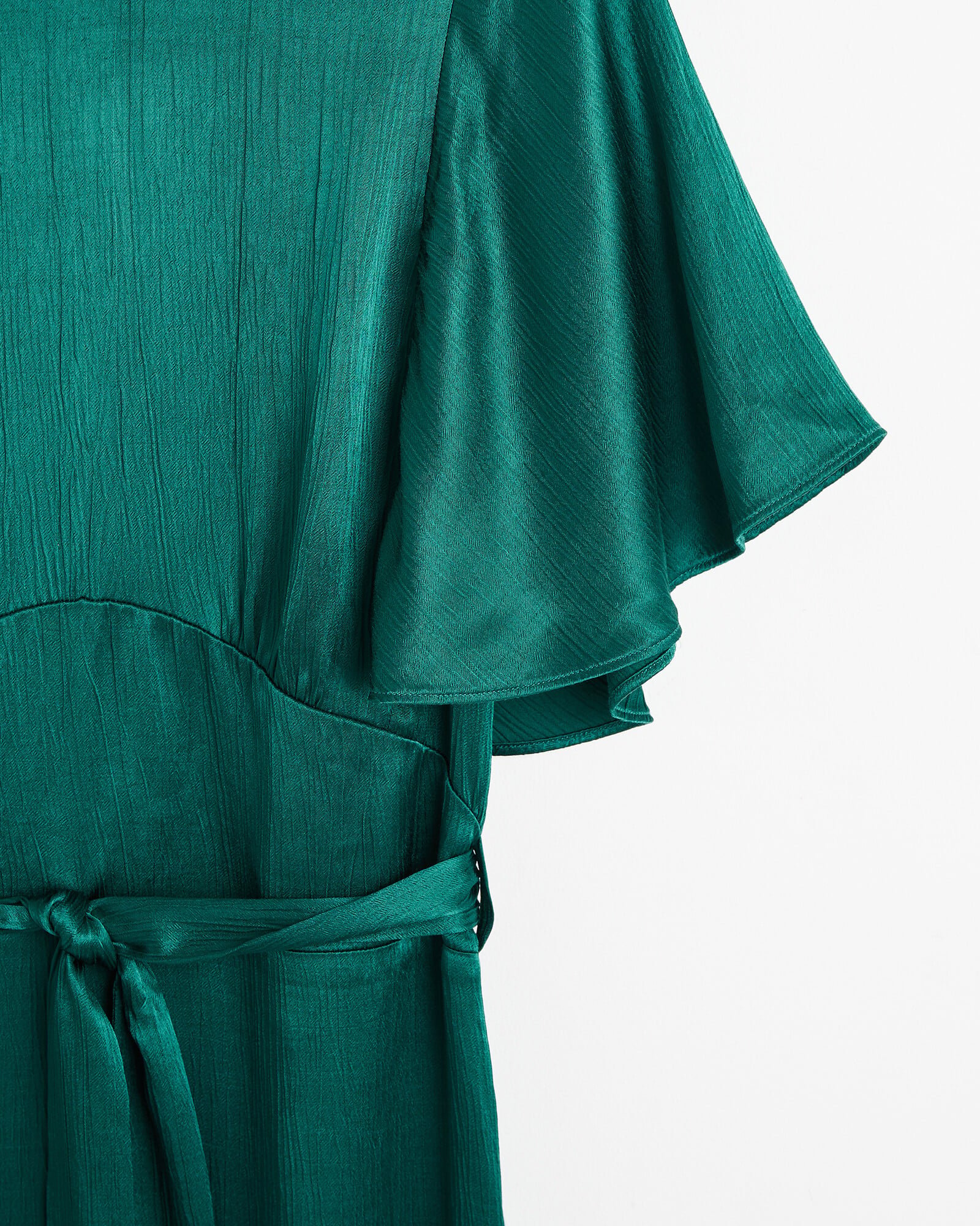 Crinkle Sleeve Dark Green Satin Midi Dress | Oliver Bonas