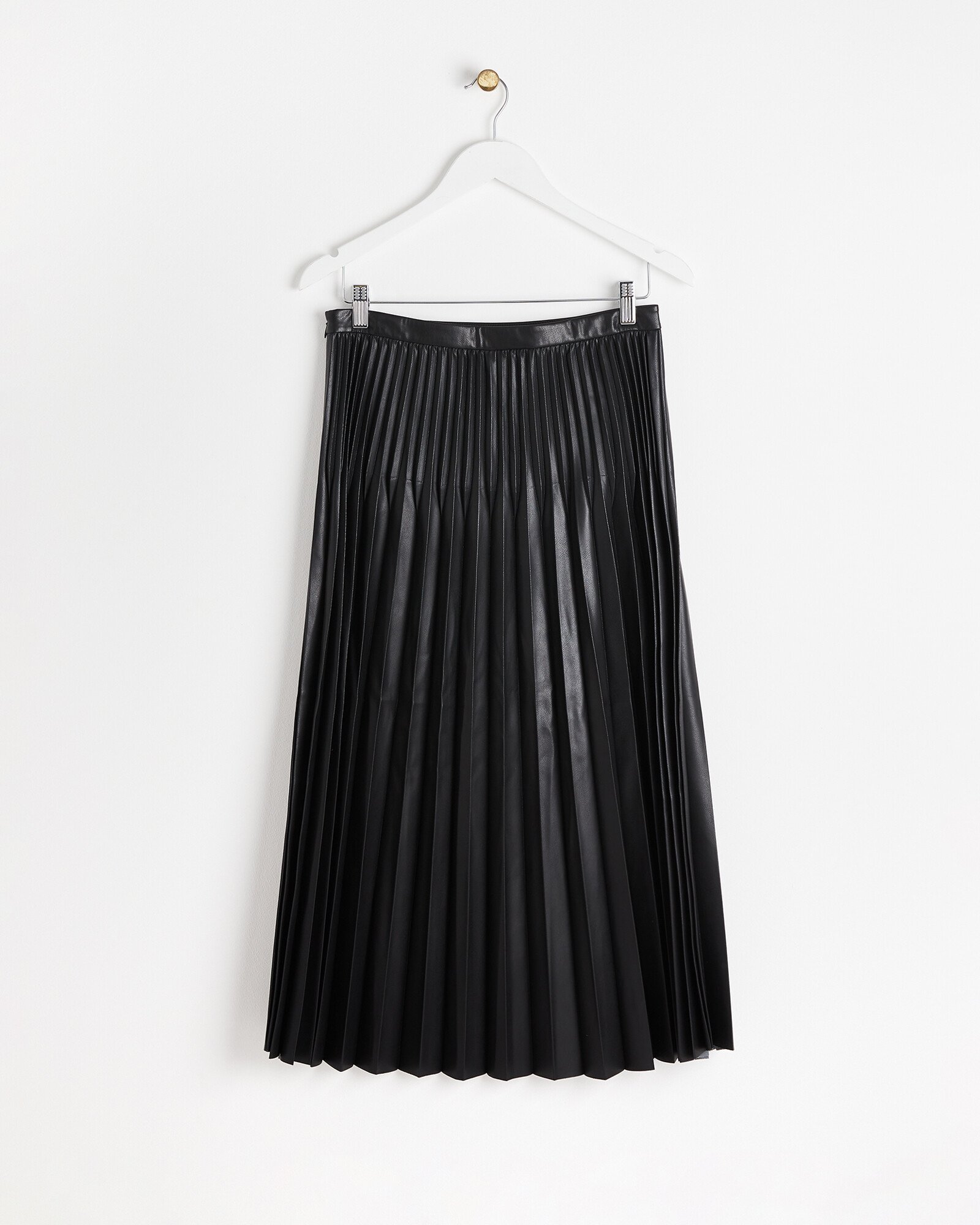 Faux Leather Black Pleated Midi Skirt | Oliver Bonas