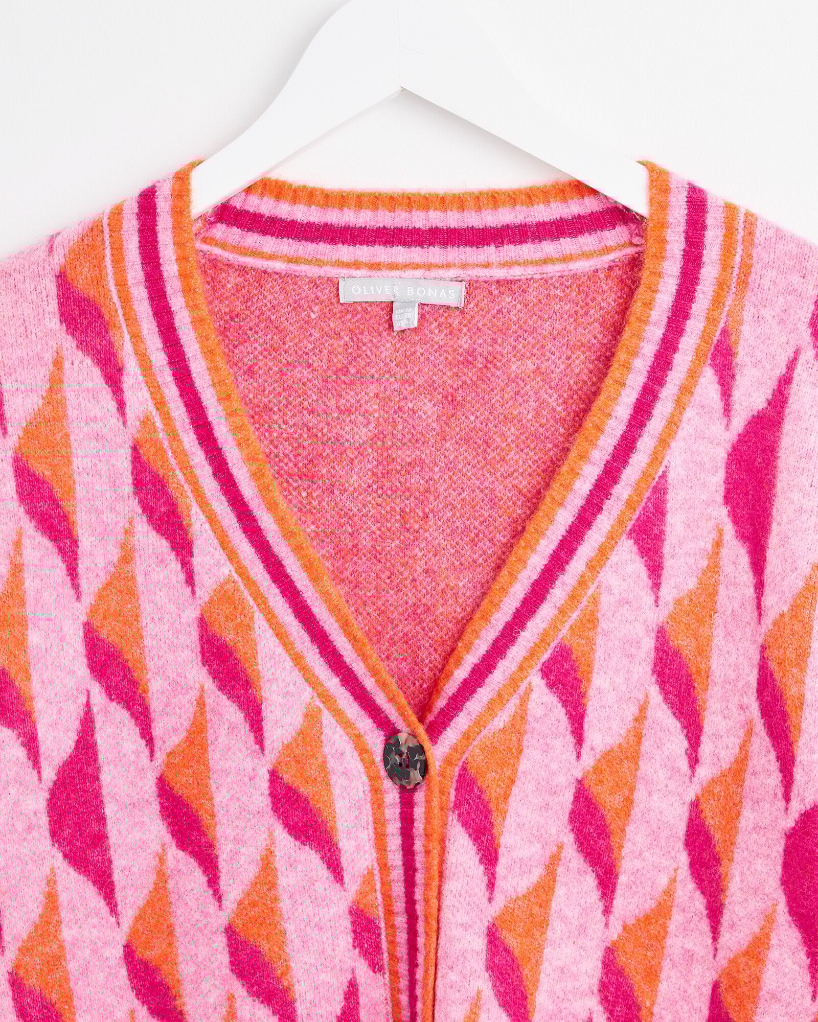 Geometric Pink Jacquard Knitted Cardigan Oliver Bonas IE