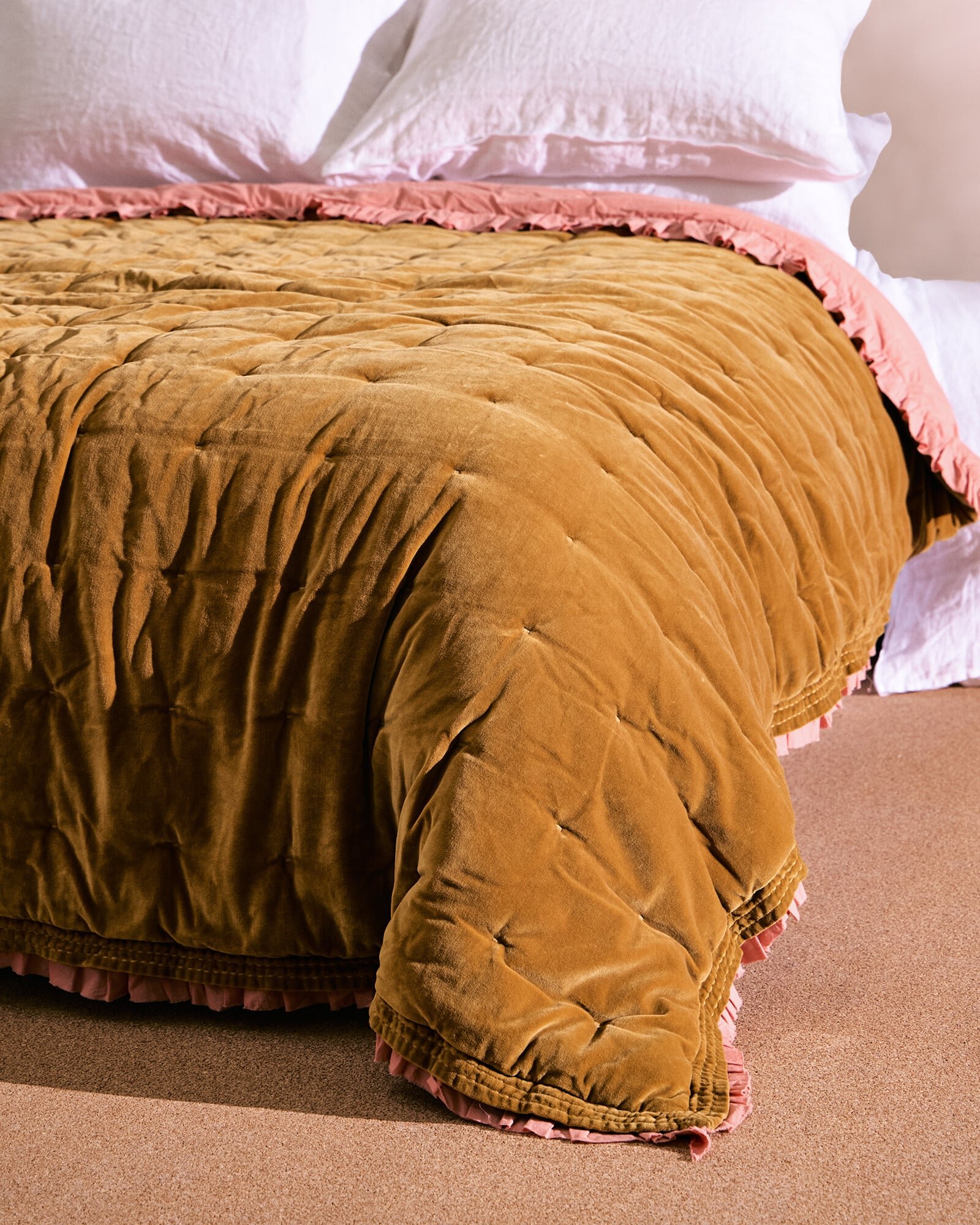 Mustard Frill Reversible Cotton Quilt | Oliver Bonas