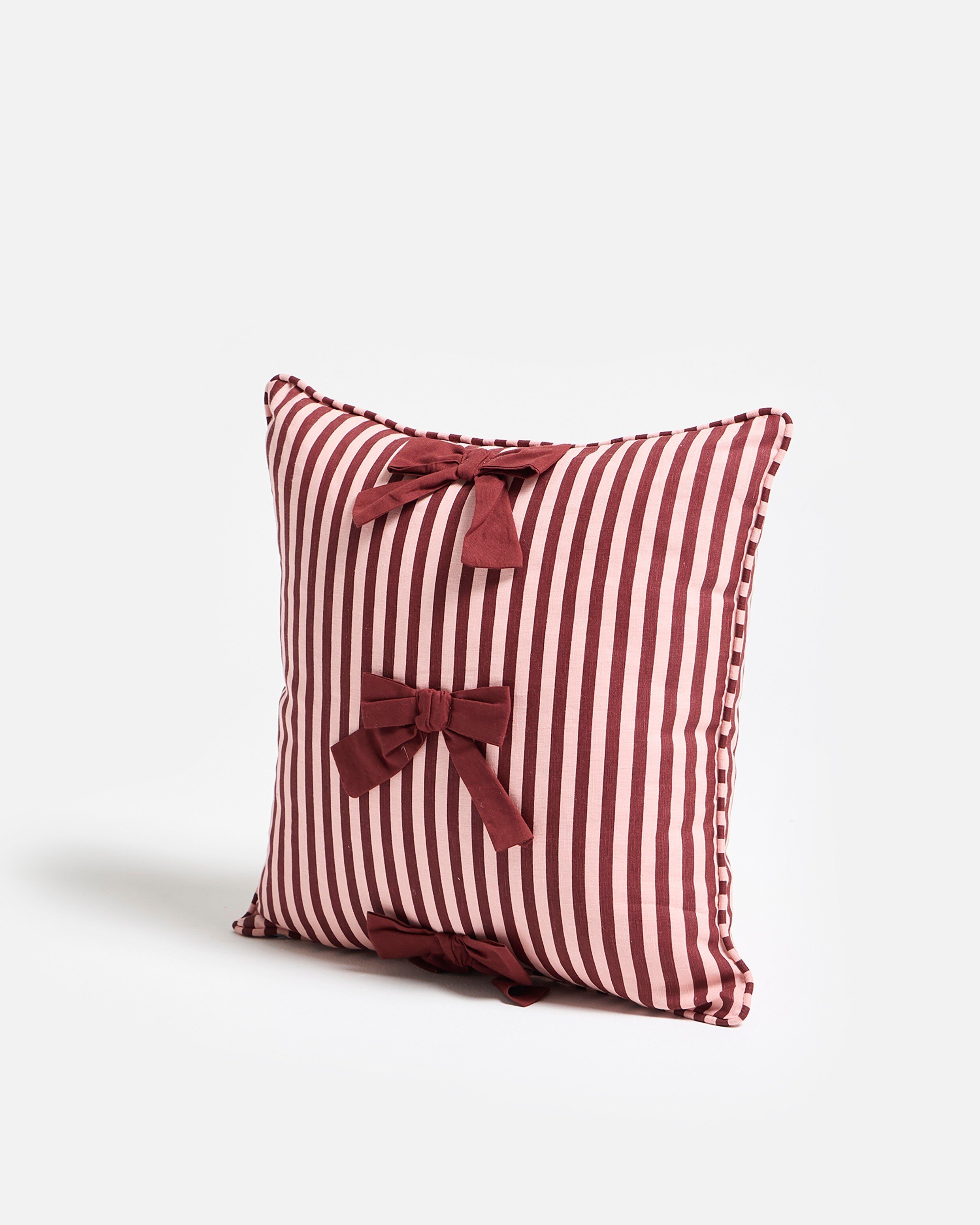 Burgundy Stripe Cotton Bow Cushion Cover 45x45cm