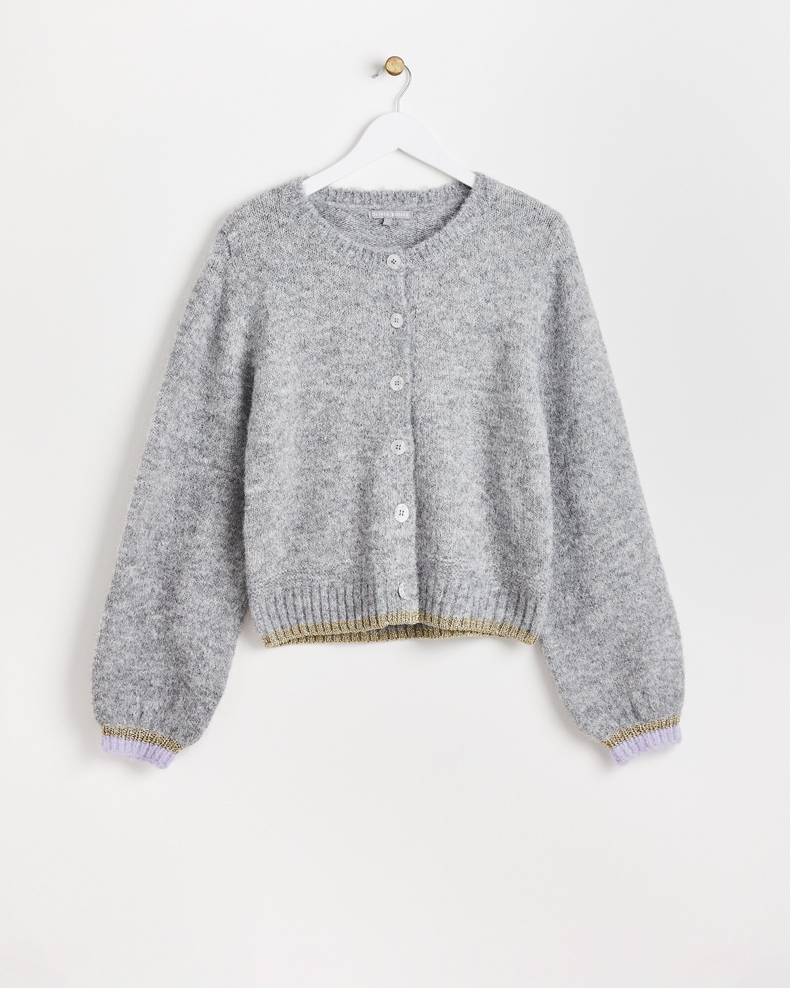 Metallic Trim Grey Knitted Cardigan Oliver Bonas