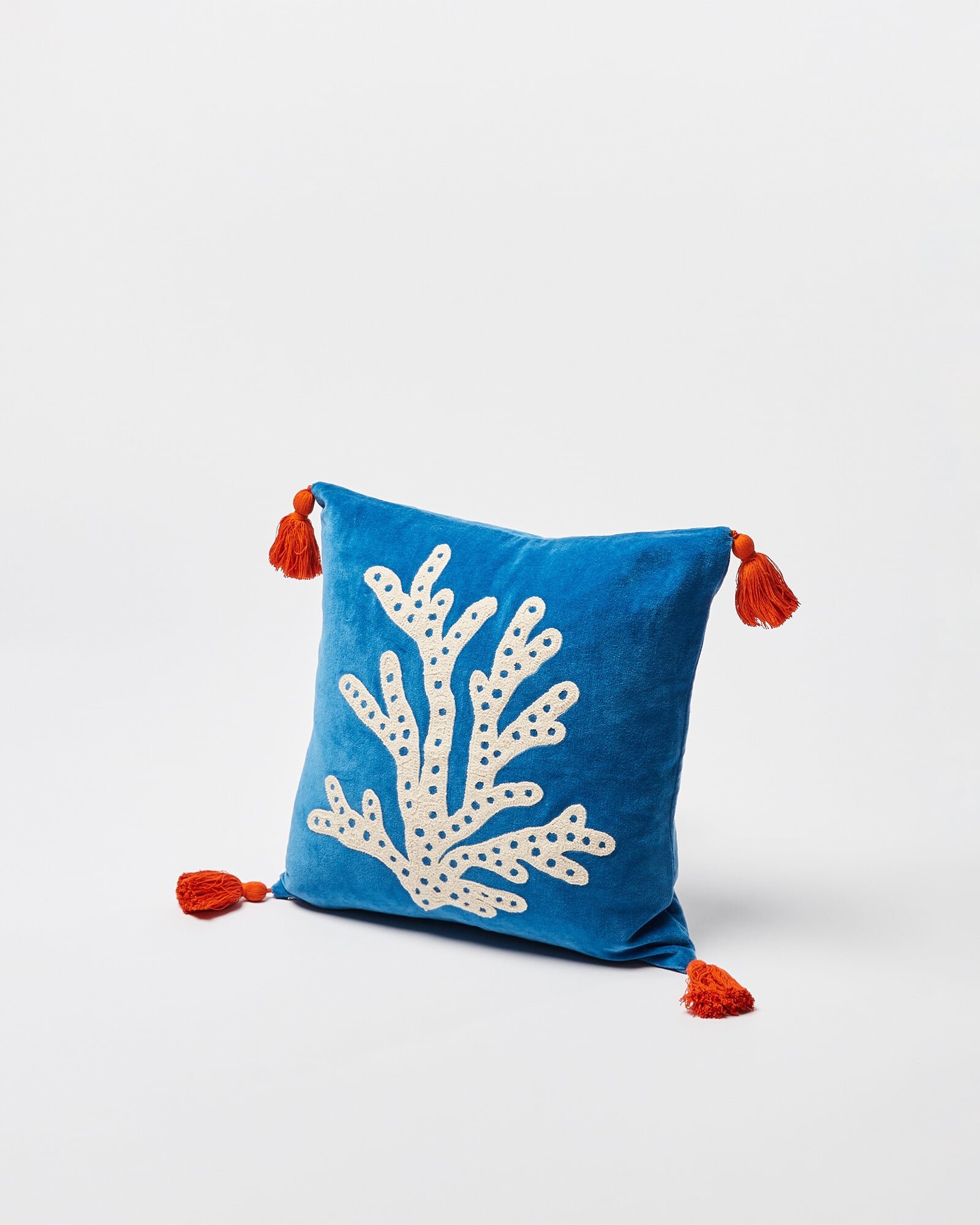 Embroidered Coral Blue Velvet Cushion Cover | Oliver Bonas