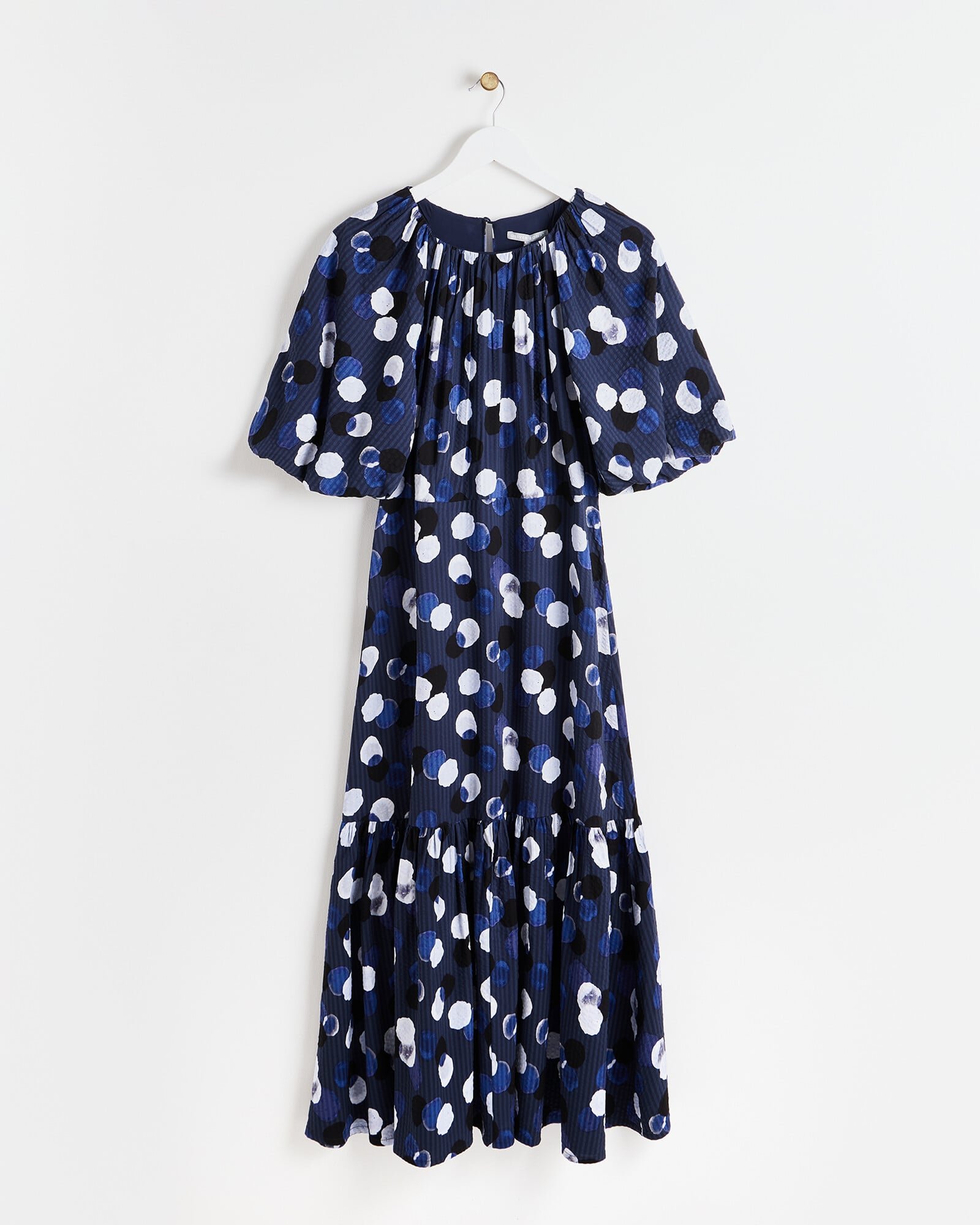 Inky Spot Puff Sleeve Blue Midi Dress