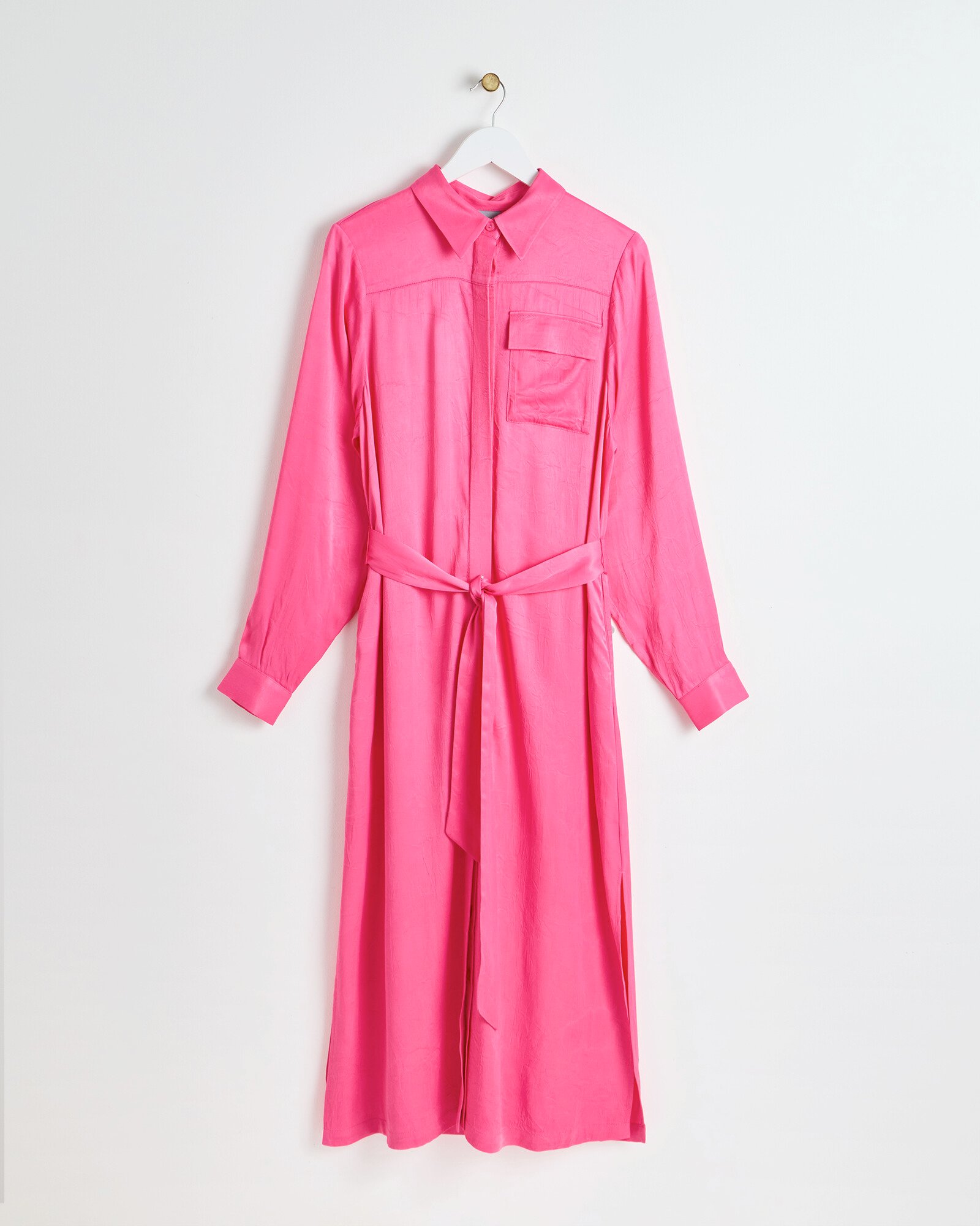 oliver bonas pink dress Pink Crinkle Satin Midi Shirt Dress