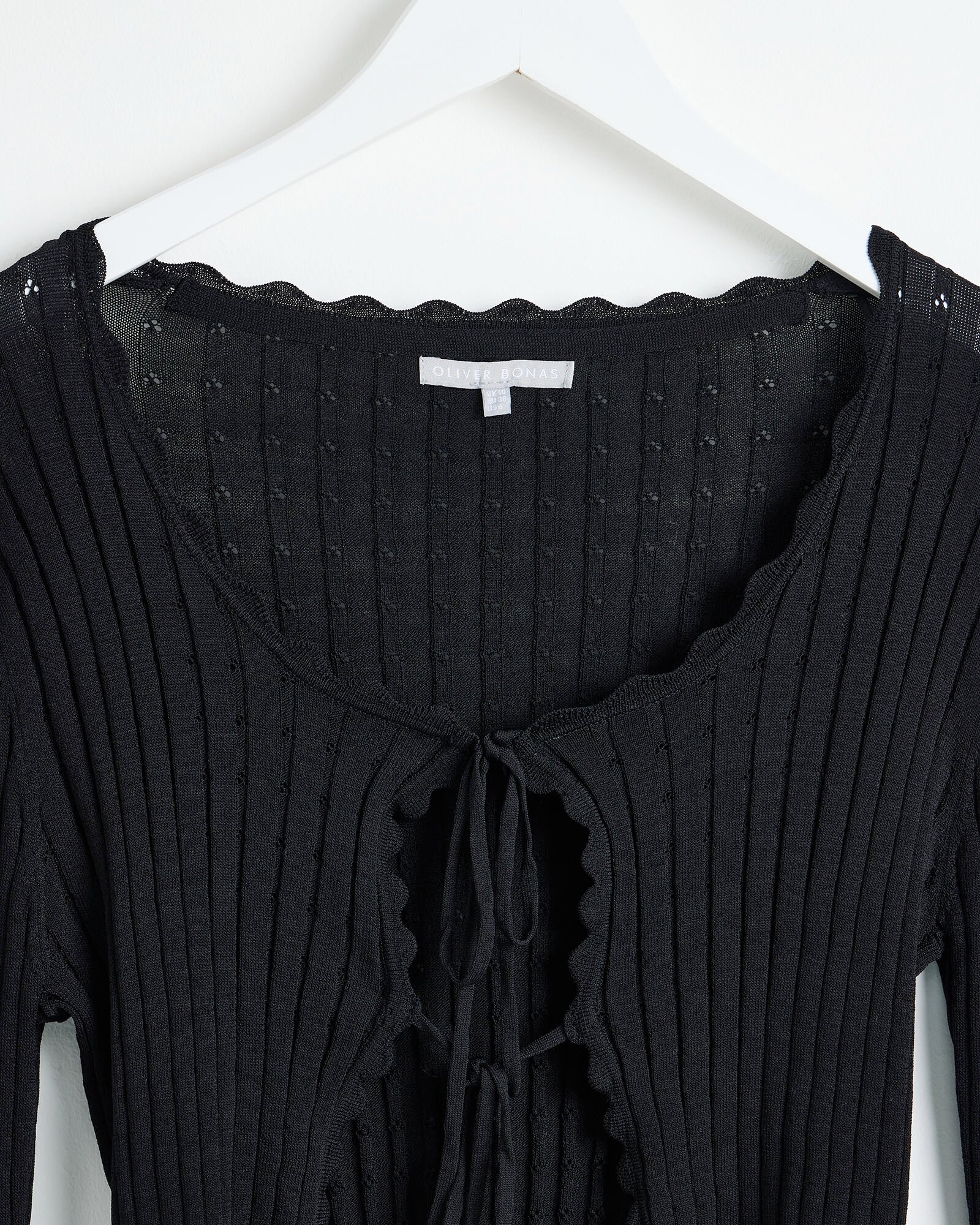 Black Pointelle Tie Front Knitted Cardigan | Oliver Bonas