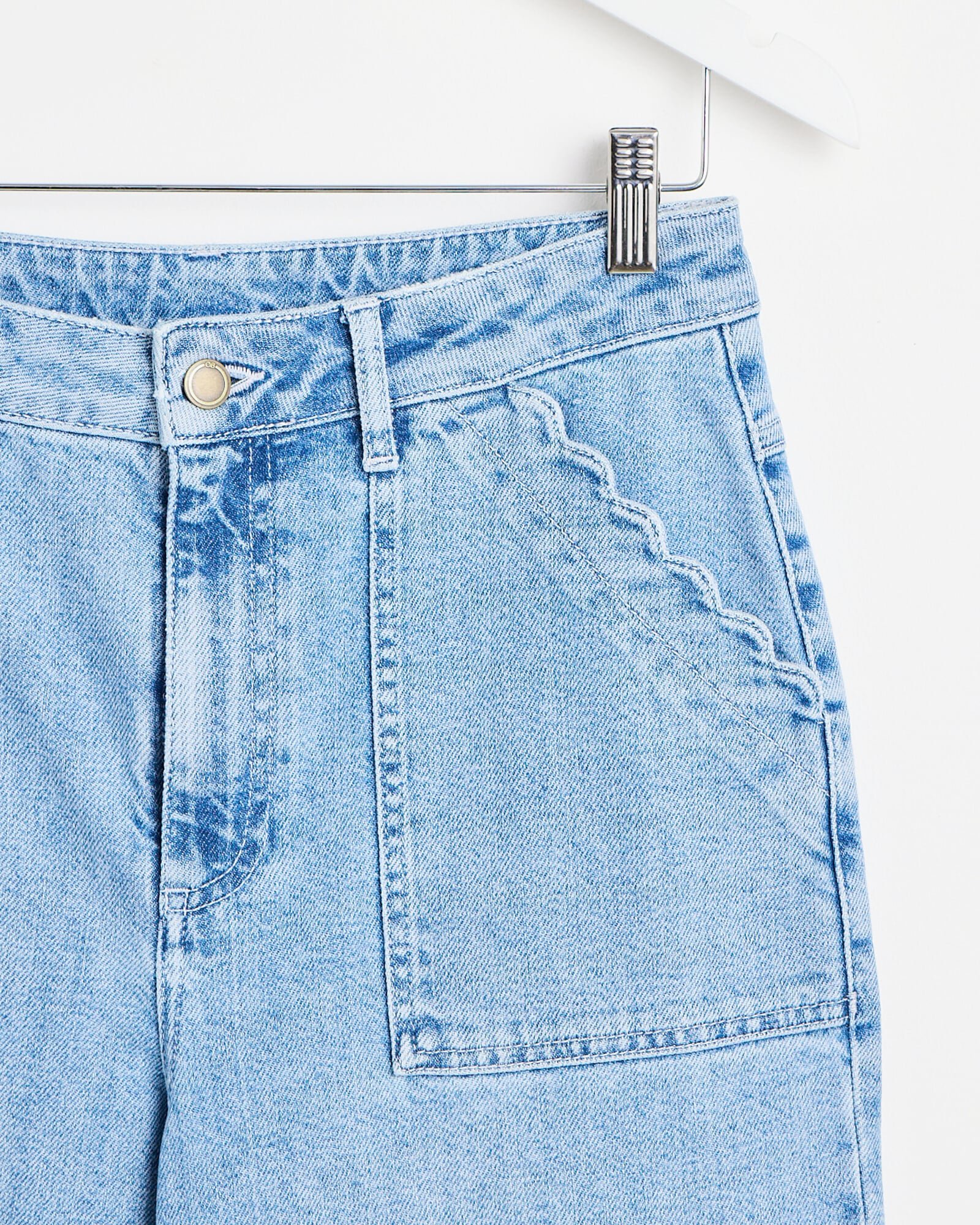 Blue Denim Scalloped Pocket Wide Leg Cropped Jeans | Oliver Bonas