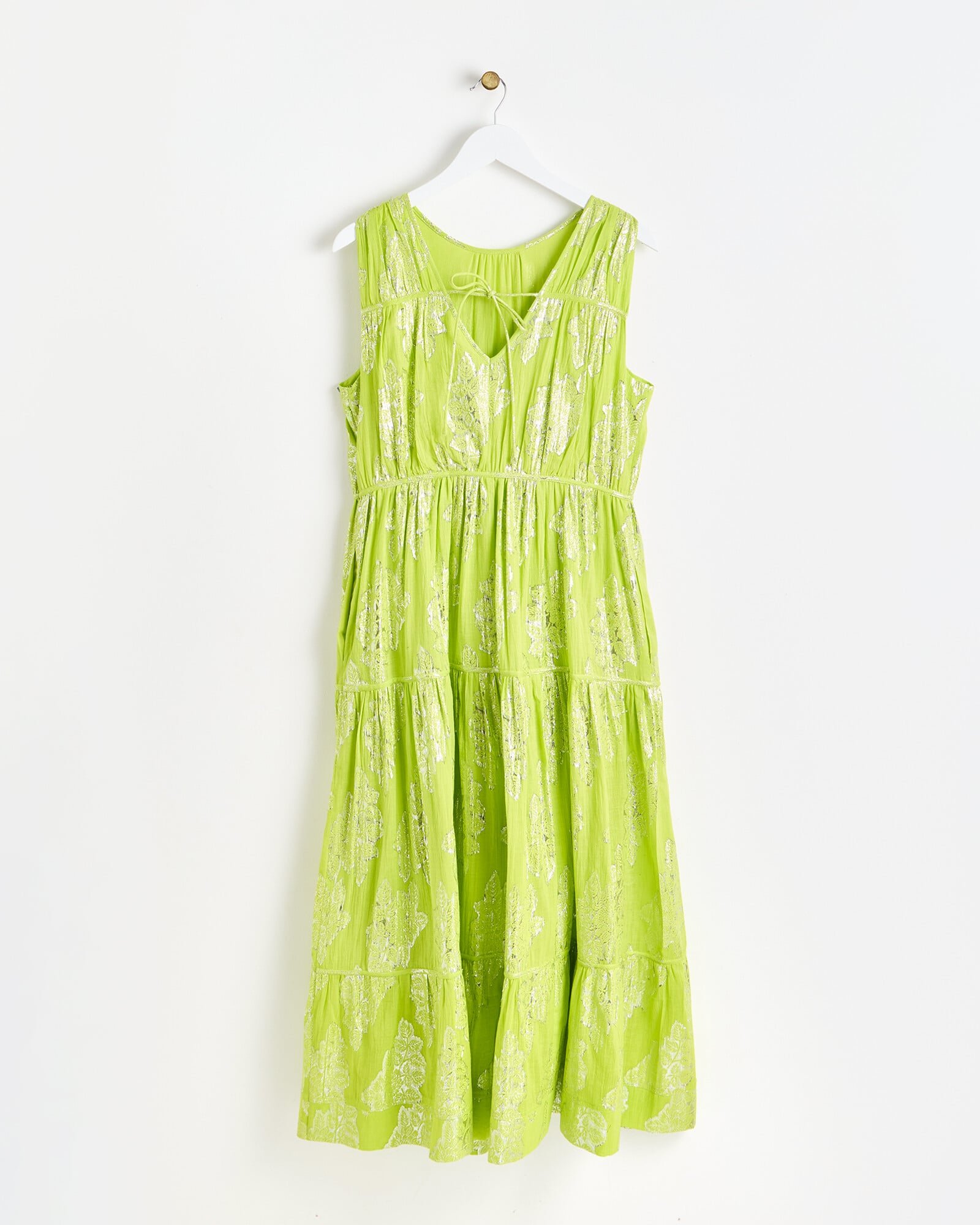 Green Metallic Floral Midi Dress | Oliver Bonas