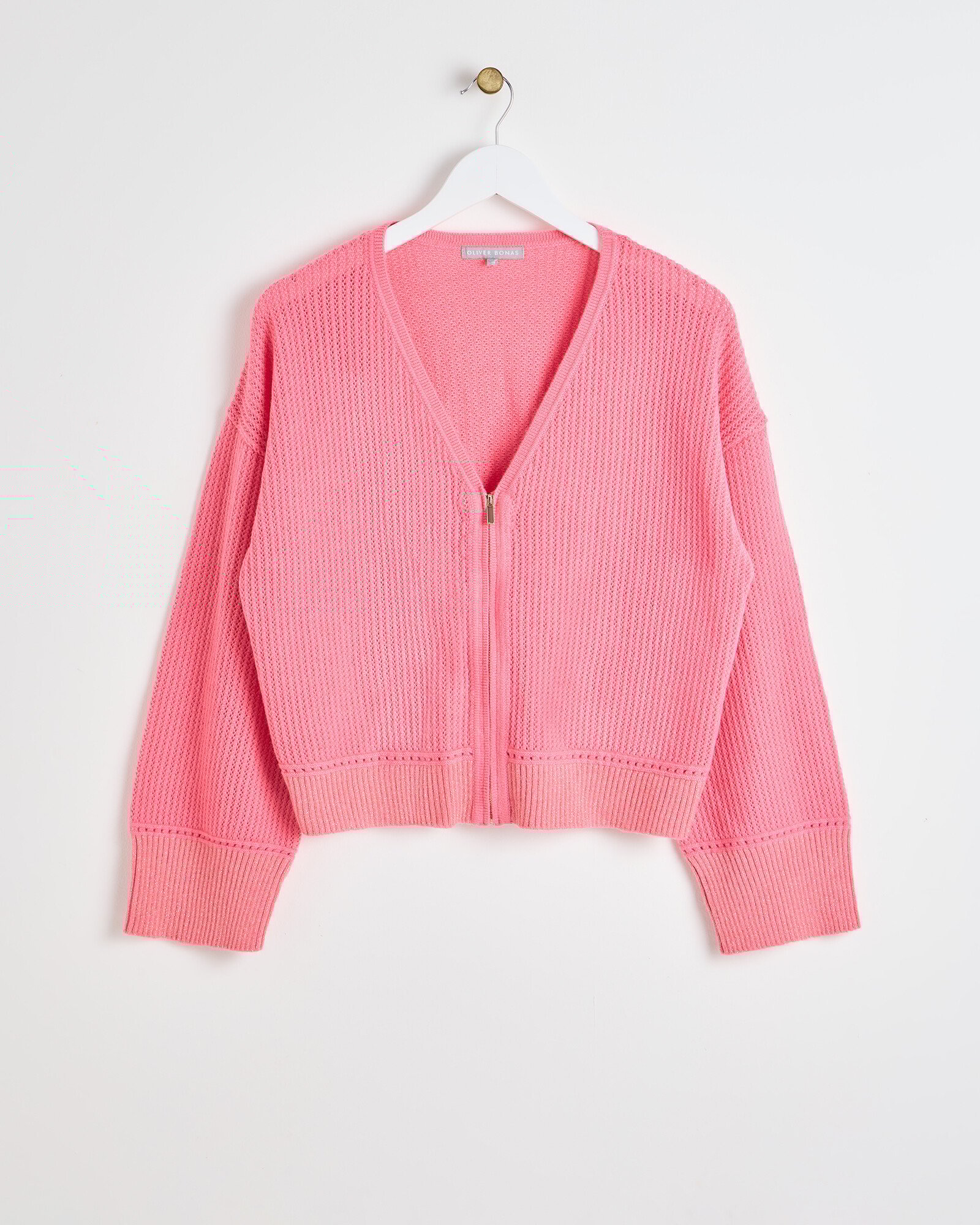 Pink Sparkle Trim Knitted Zip Cardigan Oliver Bonas