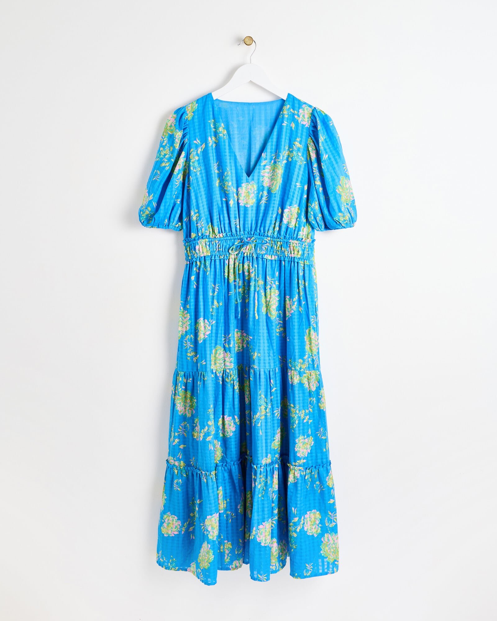 Checked Floral Blue Tiered Midi Dress | Oliver Bonas Checked Floral Blue Tiered Midi Dress | Oliver Bonas