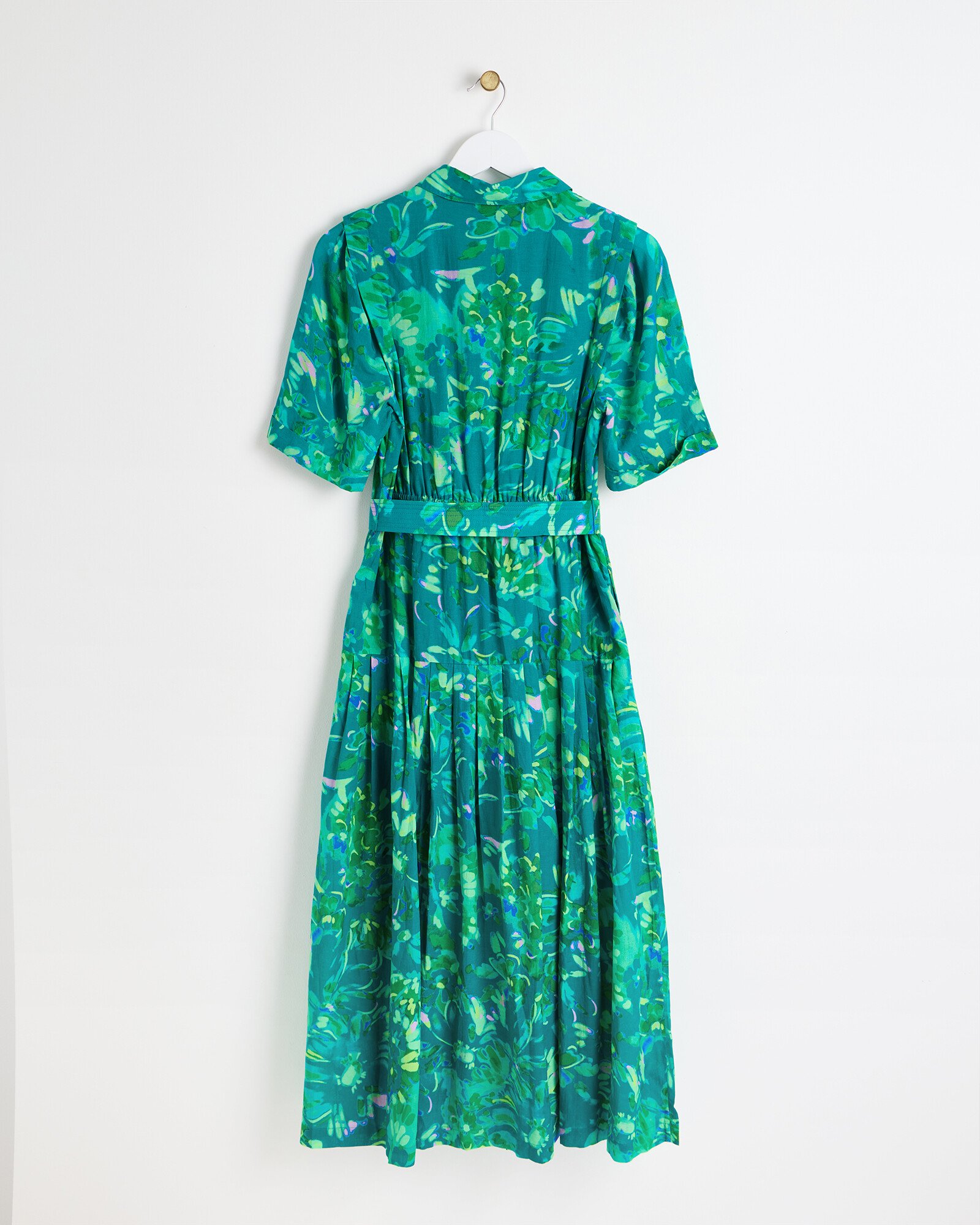 Green Floral Tie Waist Midi Shirt Dress | Oliver Bonas