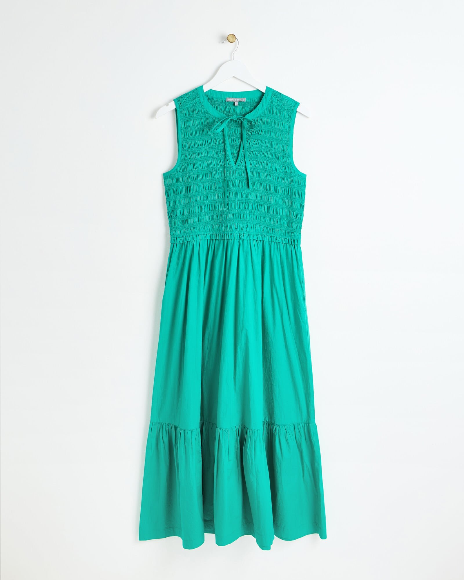 Green Shirred Sleeveless Tiered Keyhole Midi Dress | Oliver Bonas