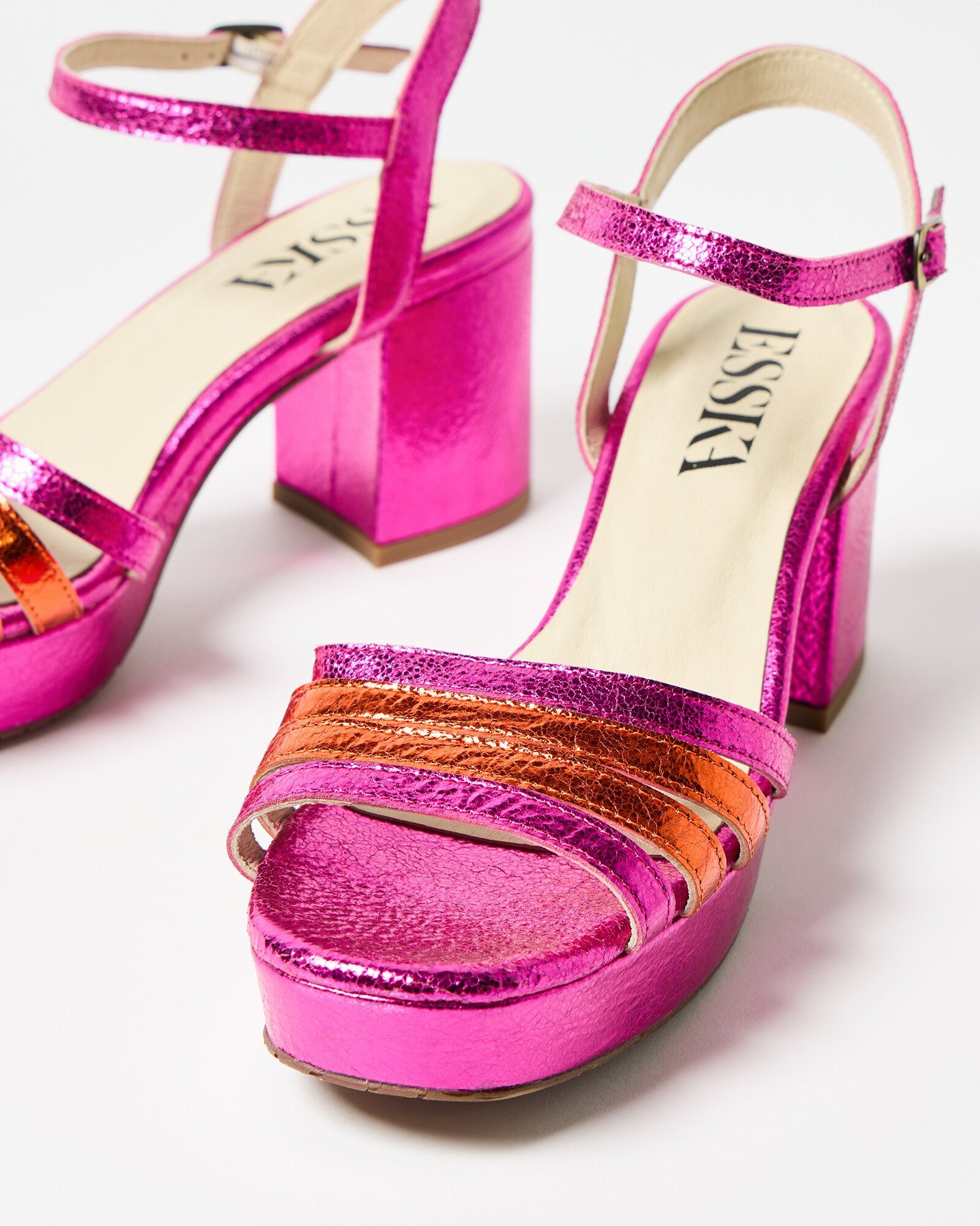 Esska Camilla Metallic Pink Orange Leather Heeled Sandals