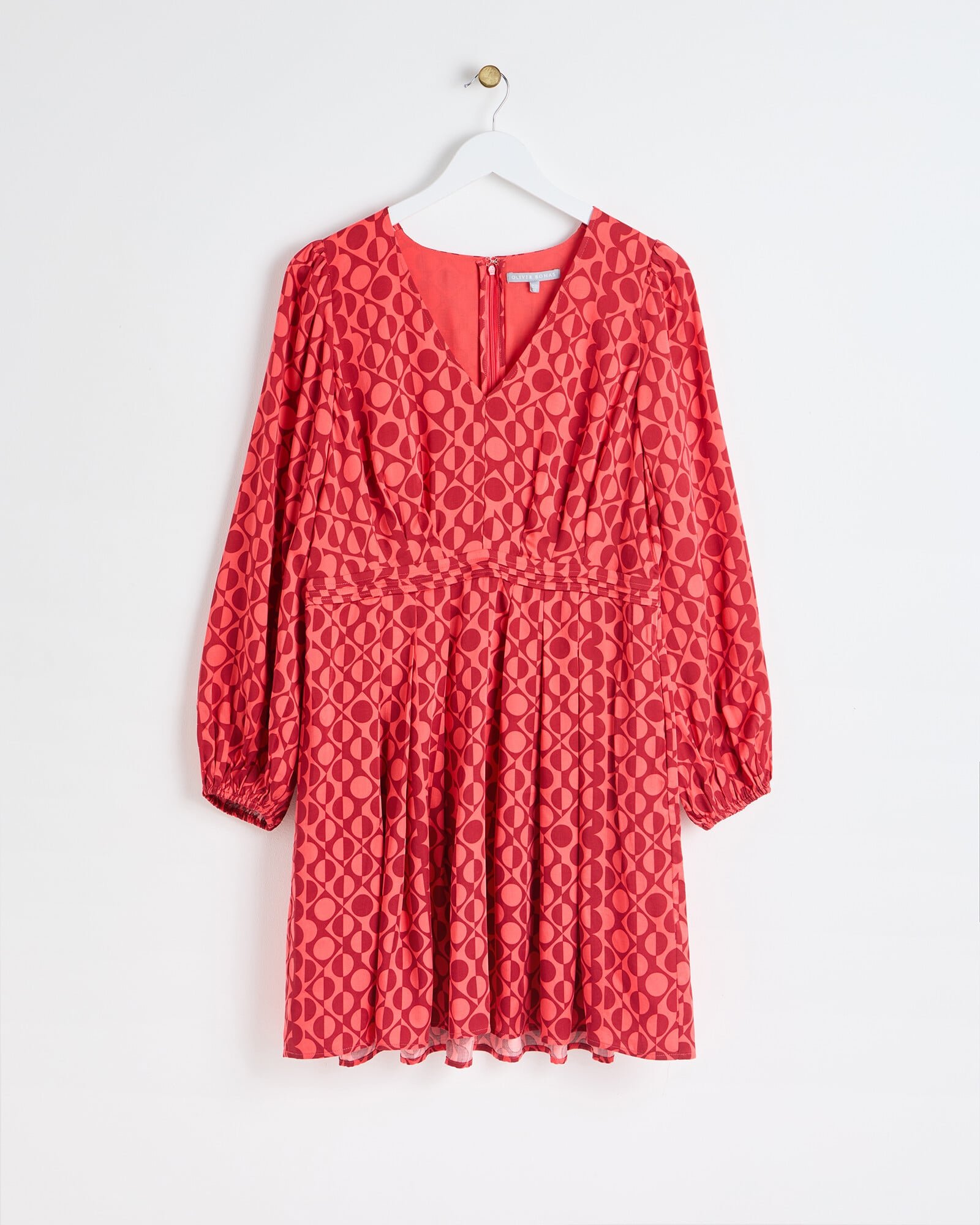 Pink & Red Geometric Print V-Neck Mini Dress | Oliver Bonas