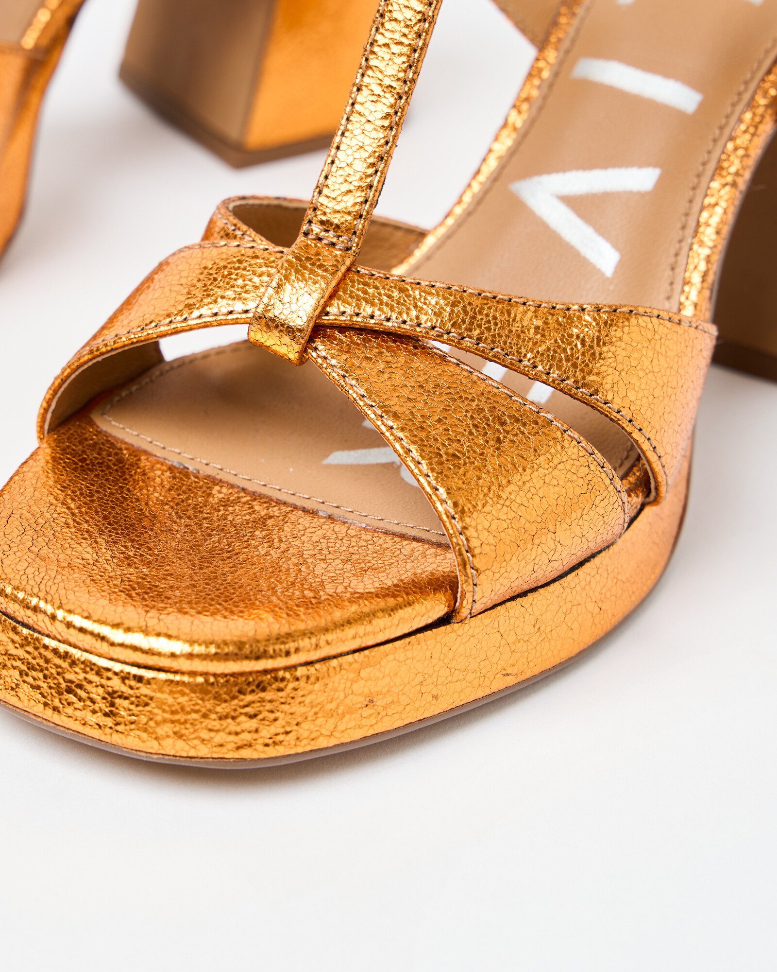 Metallic Orange T-Bar Flared Heeled Sandals Oliver Bonas