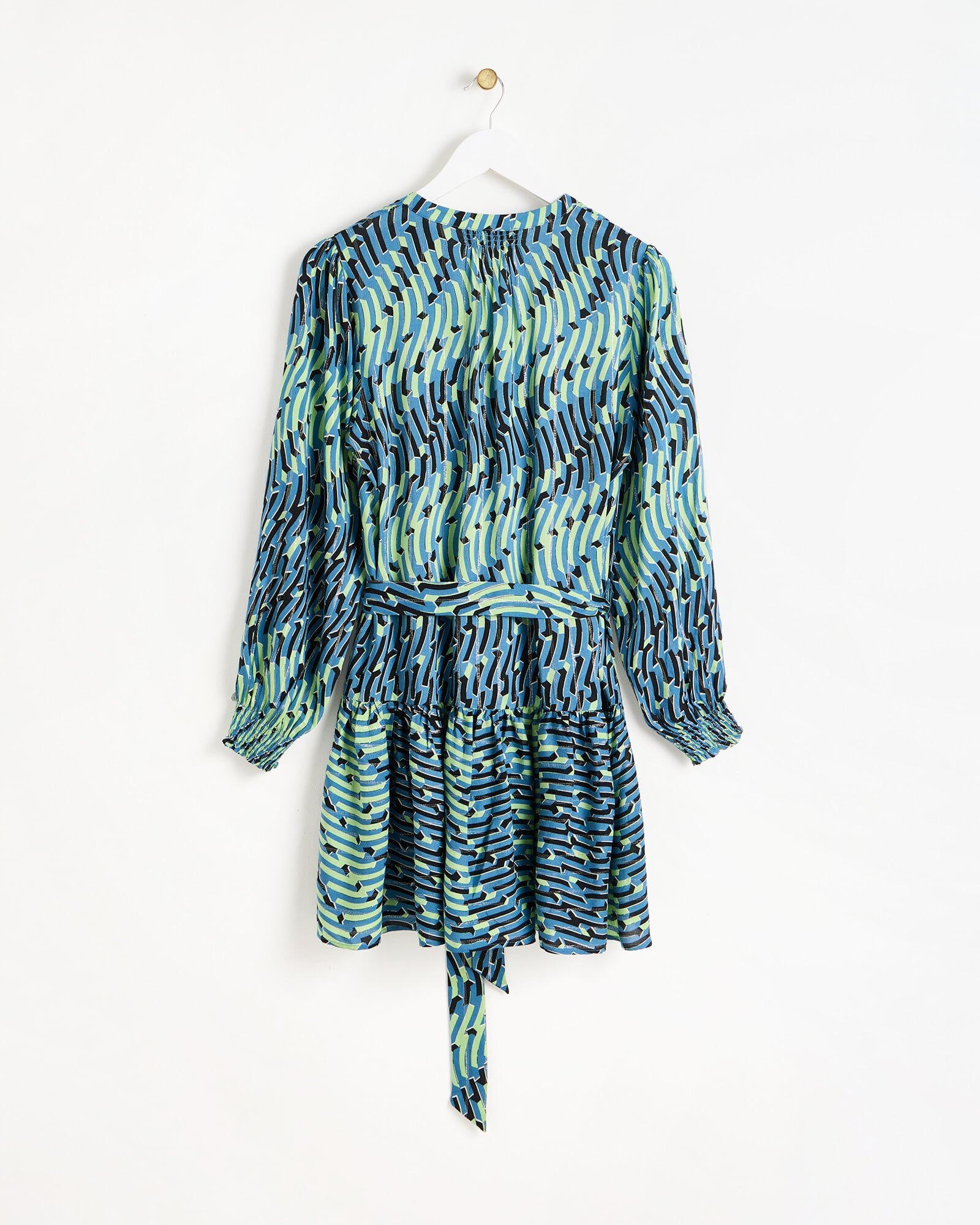 Blue & Green Geometric Tie Waist V-Neck Dress | Oliver Bonas Blue & Green Geometric Tie Waist V-Neck Dress | Oliver Bonas
