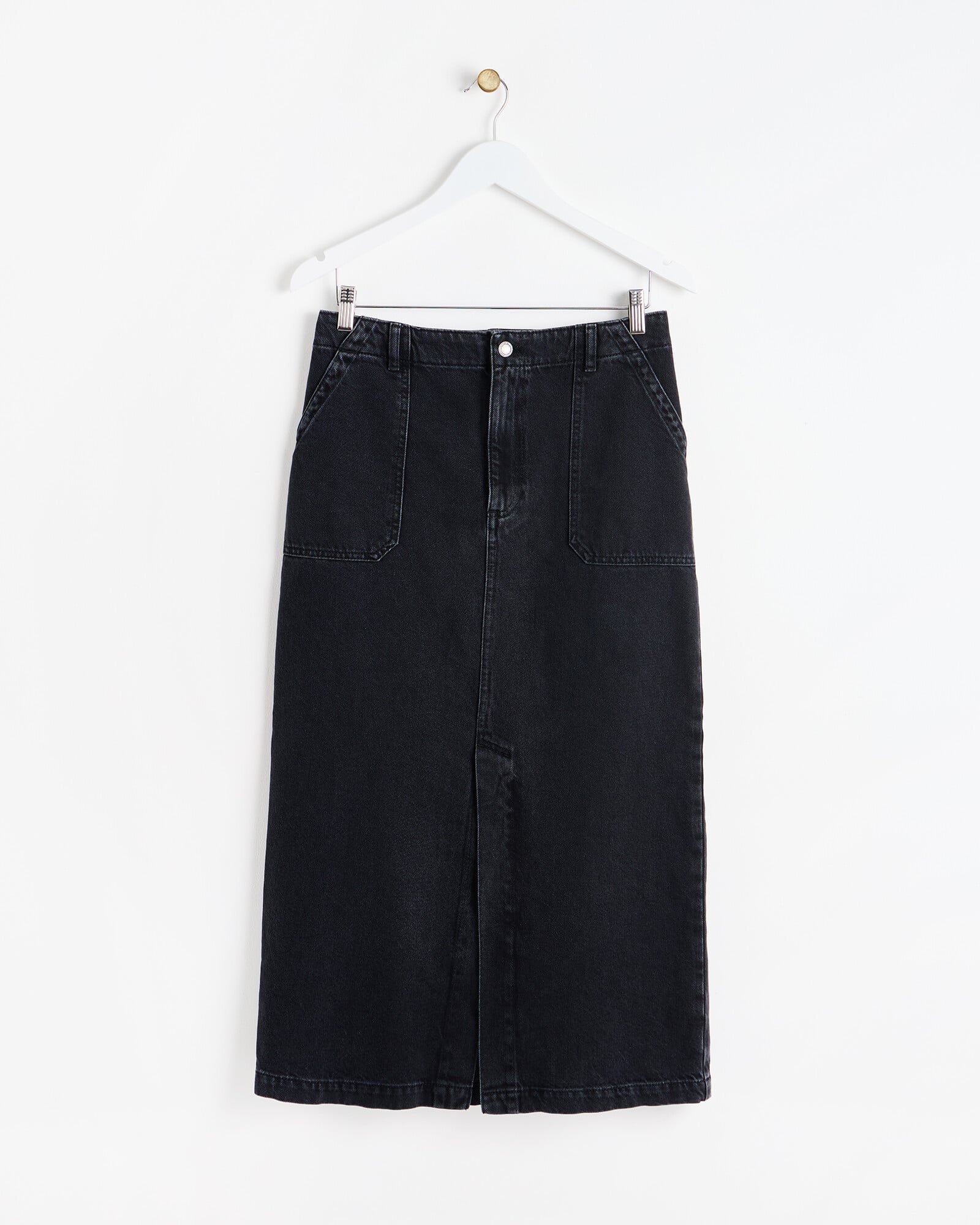 Washed Black Front Slit Denim Midi Skirt | Oliver Bonas